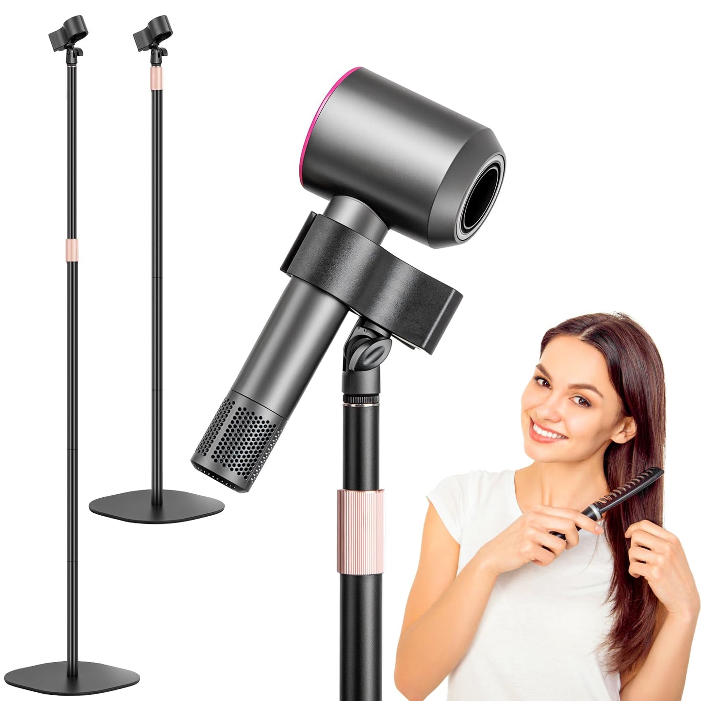 Hair Dryer Stand, 1.68M Height Adjustable Blow Dryers Holder, Ultra Stable Holder with 360° Rotating, Universal Clips, Work with All Dryer, Floor Dryer Stand for Salons or Home Use