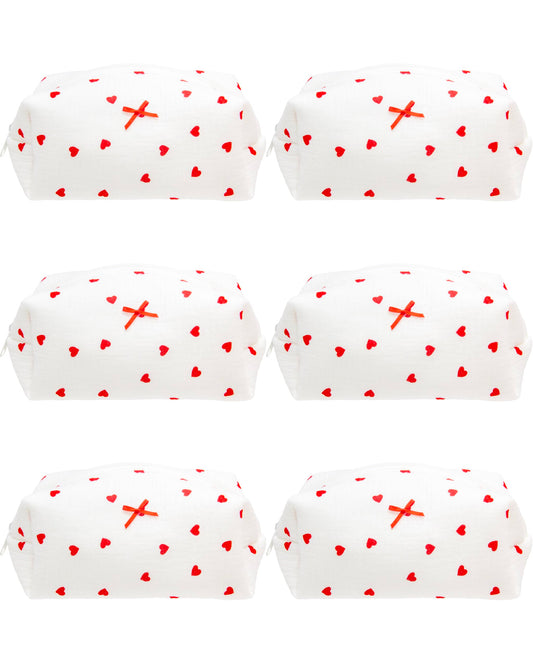 PAZIMIIK 6PCS Cozy Makeup Bag Small Aesthetic Travel Zipper Cosmetic Pouch for Women Make Up Beauty Accessories Brushes,Heart Red