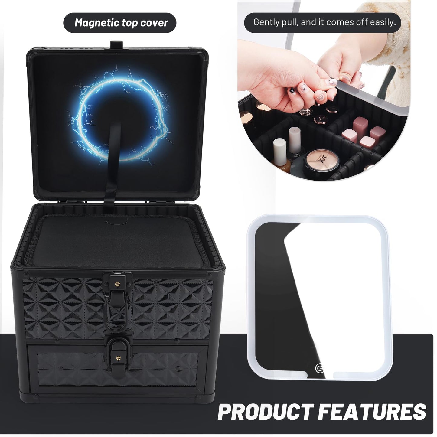 HAISKY Makeup Case with Drawer, Detachable Lighted LED Mirror, Travel Vanity Organizer, Portable Cosmetic Train Case, Lockable Makeup Suitcase with Adjustable Dividers, Shoulder Strap, Brush Holder
