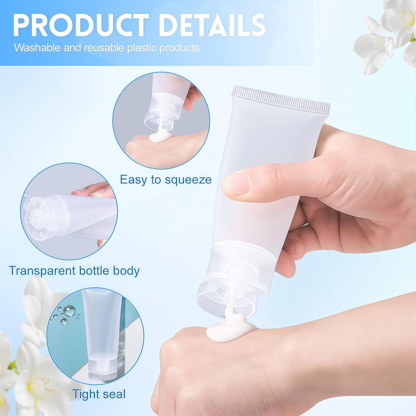 QUUPY 24Pcs 100ml/3.4oz Empty Refillable Plastic Squeeze Cosmetic Soft Tube Vial Bottles with Flip Cover Makeup Travel Sample Packing Storage Toiletries Container for Facial Cleaner Body Lotion