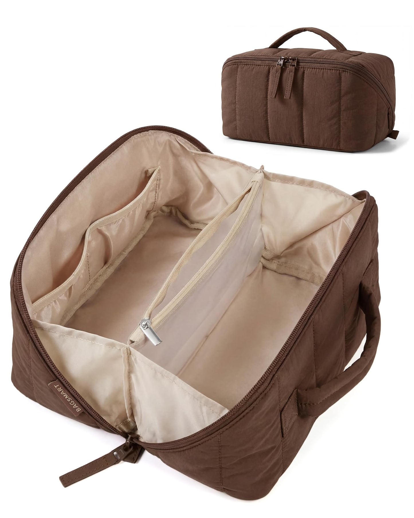 BAGSMART Travel Makeup Bag for Women, Portable Water-resistant Cosmetic Case, Puffy Padded Make Up Organizer Pouch, Open Flat Toiletry Bag for Toiletries, Brushes, Coffee