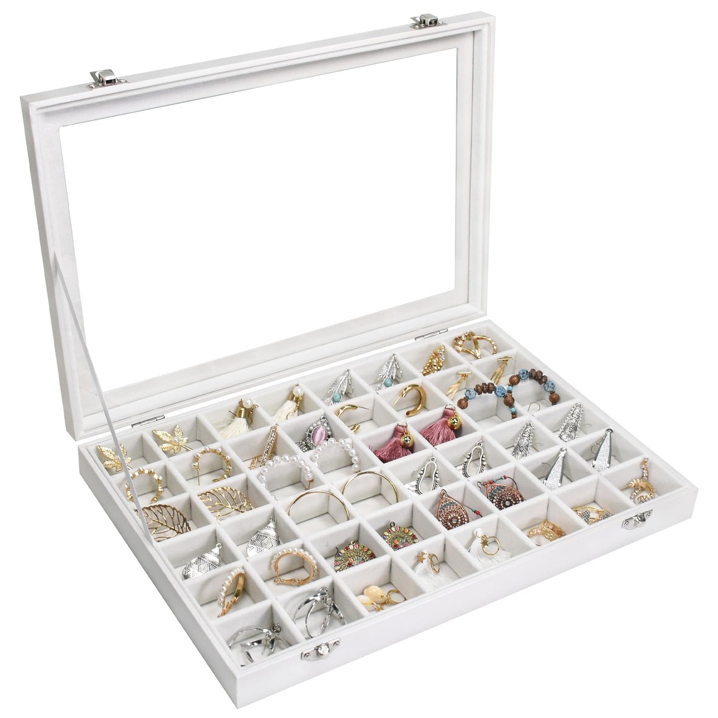 Siveit Jewelry Tray Organizer Box 48 Grid Jewelry Display Organizer Box with Transparent Lid Rings Earrings Necklaces Pendants Display Box Suitable for Women and Girls (48 Grid, White)