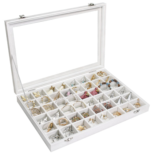 Siveit Jewelry Tray Organizer Box 48 Grid Jewelry Display Organizer Box with Transparent Lid Rings Earrings Necklaces Pendants Display Box Suitable for Women and Girls (48 Grid, White)