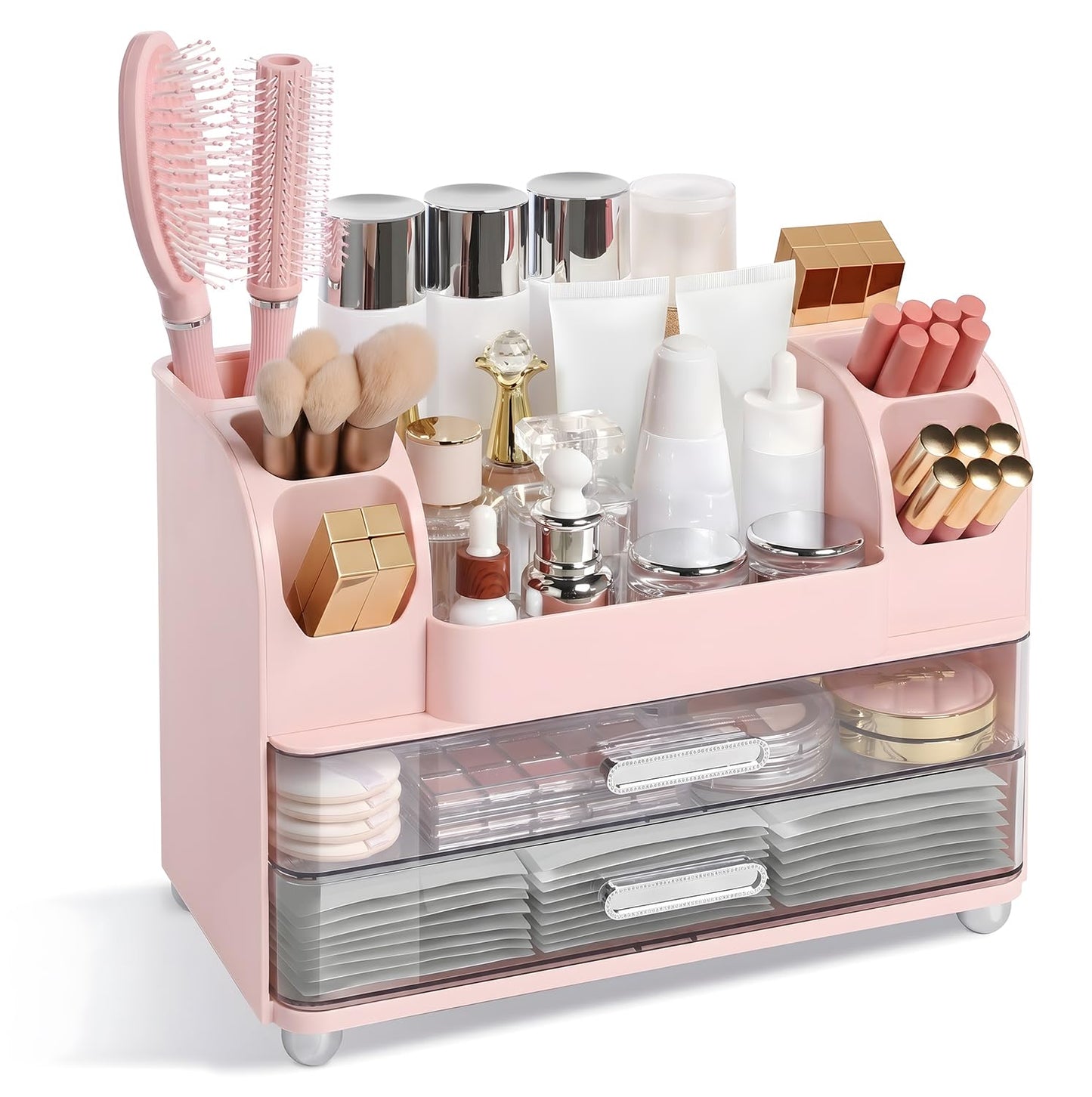 Brothersbox Makeup Organizer for Vanity with 2 Large Drawers and 6 Brush Holders, Large Bathroom Countertop Cosmetic Storage for Skincare, Lipstick, Nail Polish, Perfume, Gift for Women, Pink