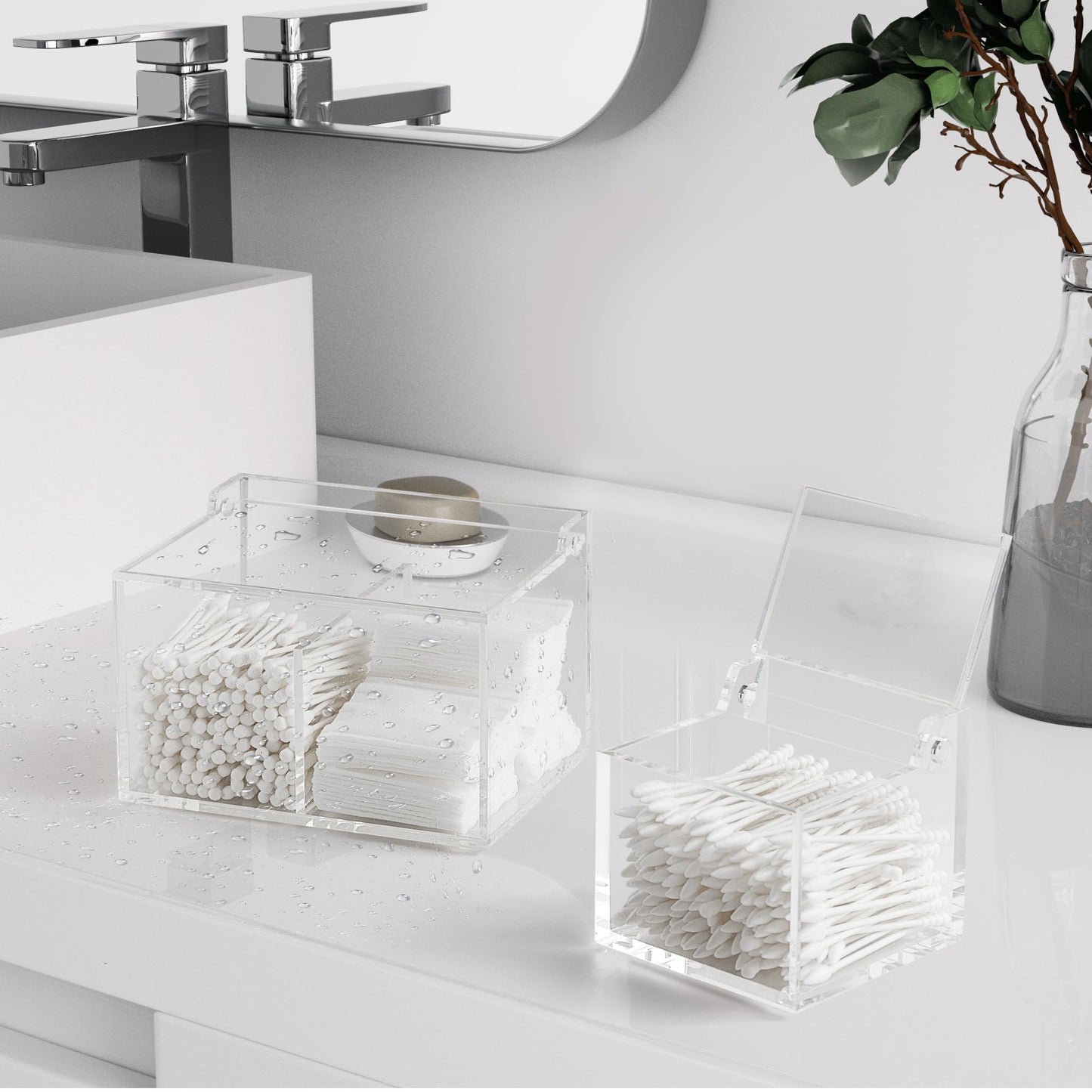 Dealpoli Clear Acrylic Cotton Swab Ball Holder Qtip Organizer with Lid 2-Grid Canister for Make Up Pads, Floss Picks, Vanity Storage,Bath Salts, Cosmetics, Home Bathroom Decor (DP004)