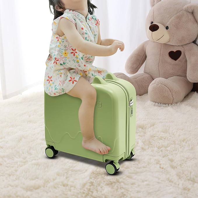 18" Kids Ride-On Suitcase,33.6QT Children's Luggage Case with Password Lock and Silent Universal Wheels (Olive Green)