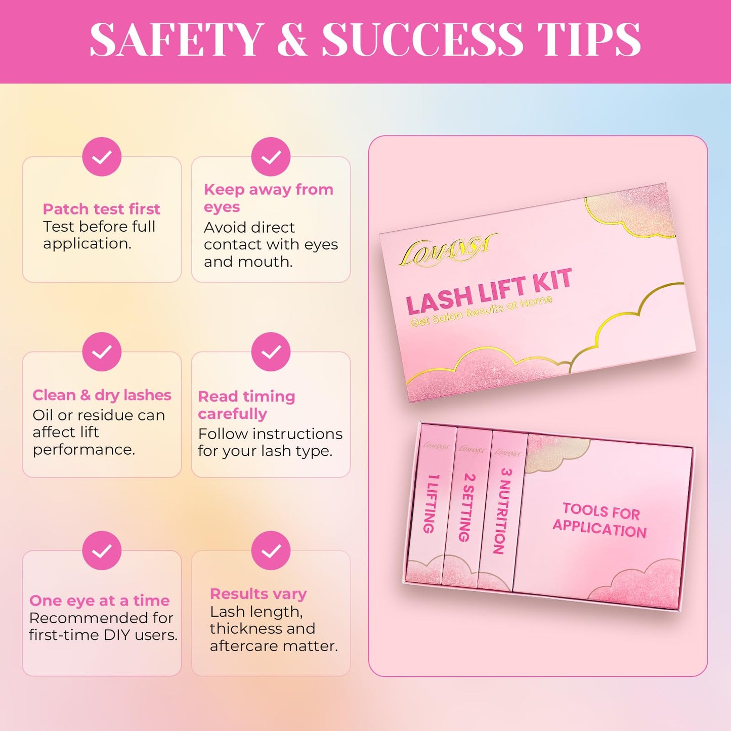 Lomansa Open-Eye Lash Lift Kit for Beginners, Korean At-Home Eyelash Perm Kit with Self-Lifting Silicone Pads, Lash Lift Glue & Lotions, DIY Natural Lash Curl Kit, Lasts 4–6 Weeks