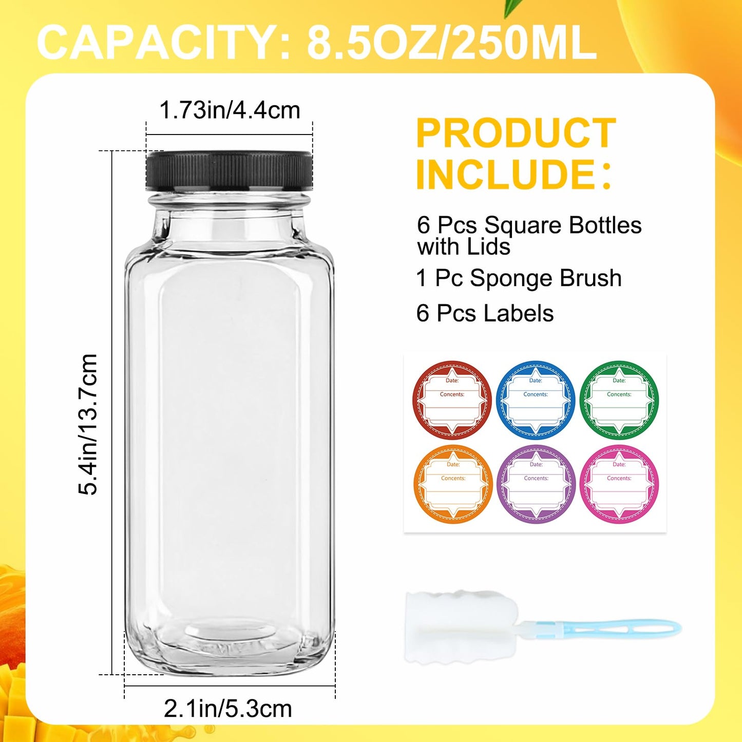 GUANENA 6 Pack Glass Drink Bottles, 8.5 OZ Vintage Square Water Bottles with Lids, Juice Bottles Beverages Containers for Milk, Kombucha, Smoothies