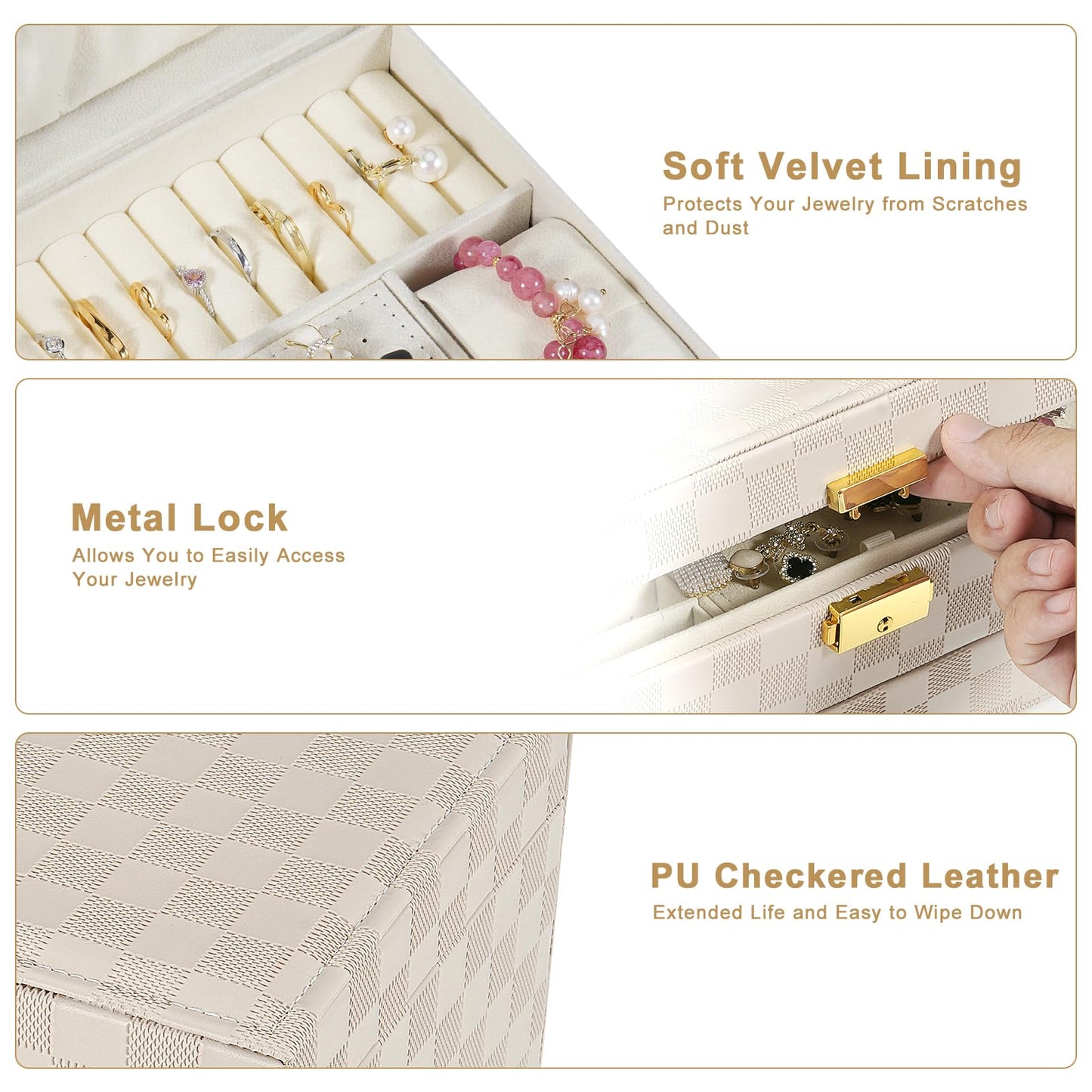 GUOER Jewelry Box for Women Girl Wife - Large PU Leather Jewelry Organizer Storage Case with Two Layers Display for Earrings Bracelets Rings Watches (Light Khaki)