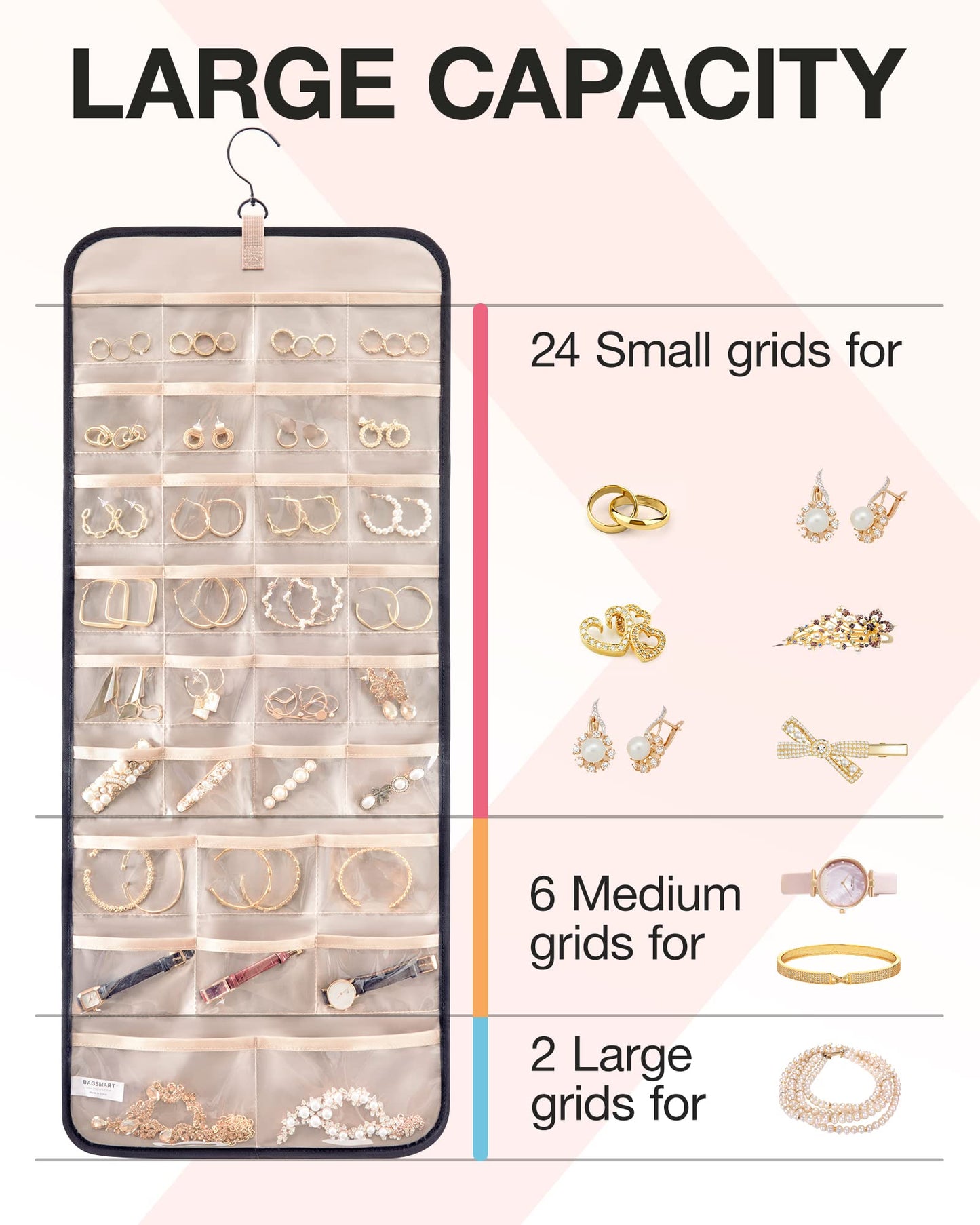 BAGSMART Hanging Jewelry Organizer Storage Roll with Hanger Metal Hooks Double-Sided Jewelry Holder for Earrings, Necklaces, Rings on Closet, Wall, Door, 1 piece, Large, Black
