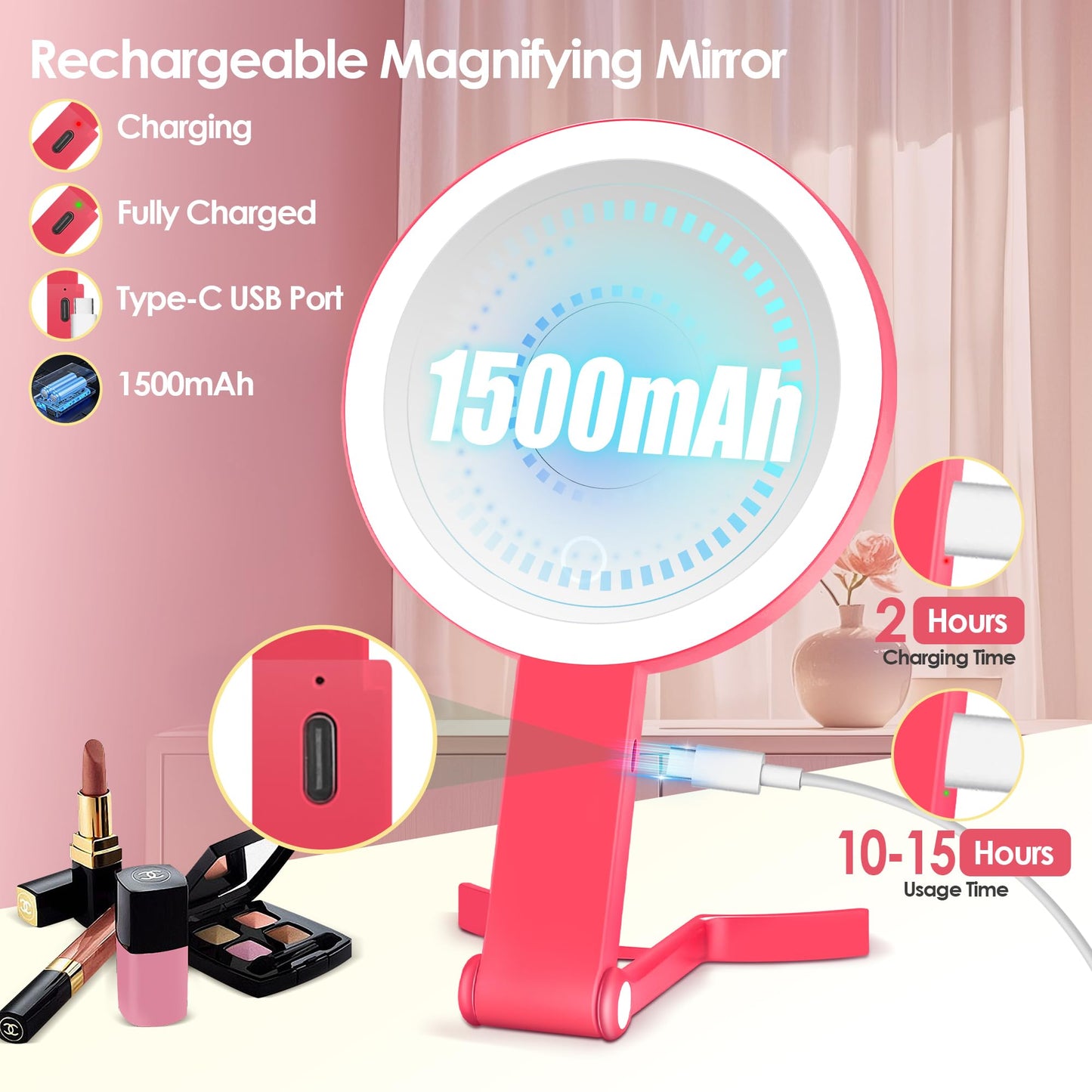 MIYADIVA Magnifying Mirror with Light, Double Sided 30X/1X Lighted Travel Makeup Mirror with Magnification, 3 Color Lighting, Dimmable Touch Screen, Adjustable & Foldable Hand Mirror (Pink)