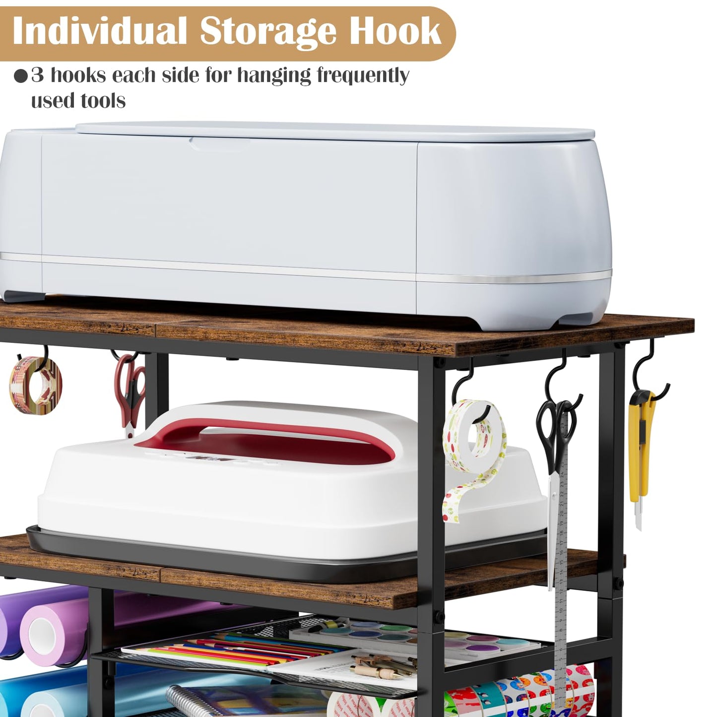 Craft Organizers and Storage Compatible with Cricut Machine Rolling Craft Storage Cart with 29 Vinyl Roll Holders & 6 Hooks Crafting Table Organization Workstation for Craft Room Home, Rustic Brown