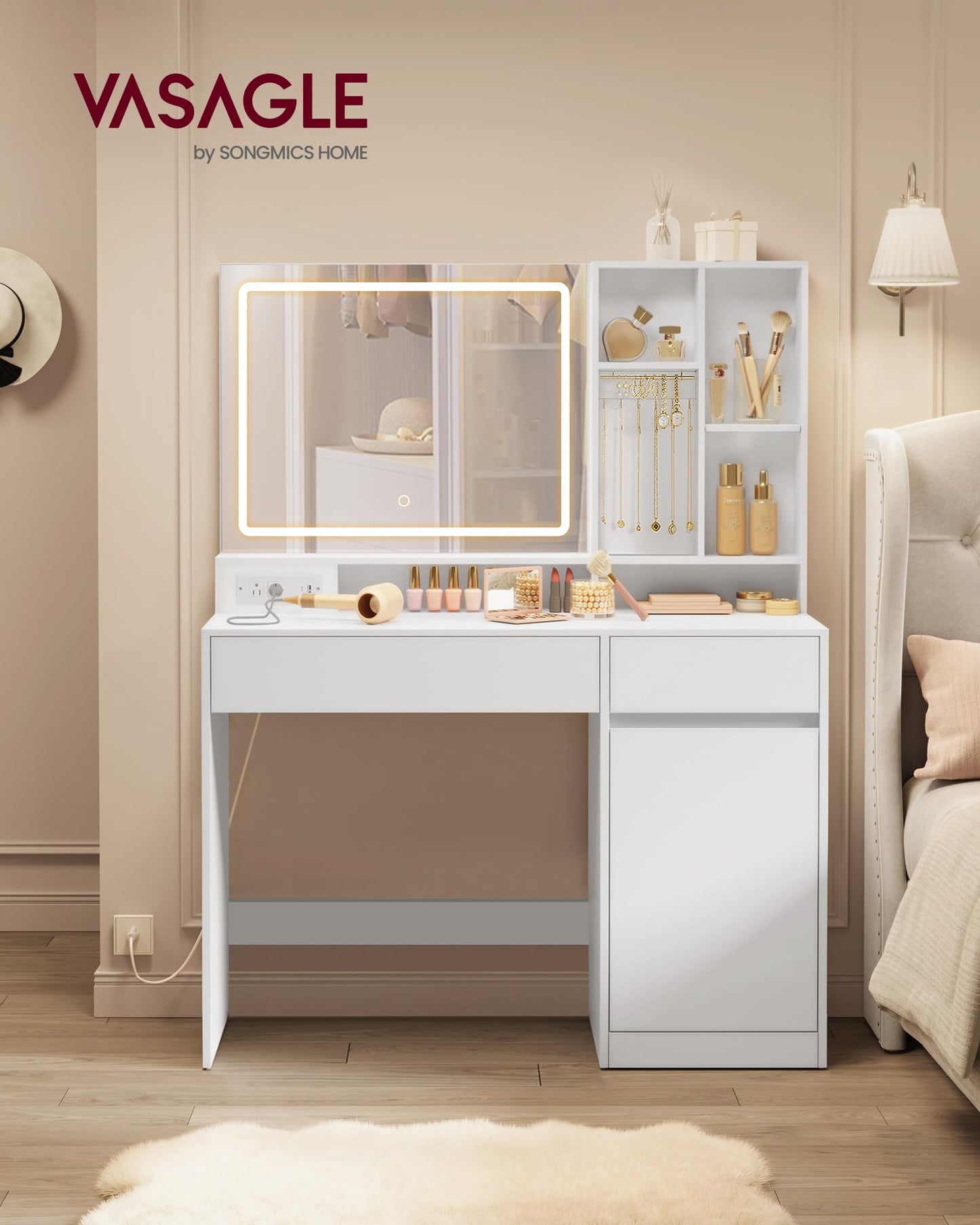 VASAGLE KAILYN Collection - 43.3-Inch Vanity Desk with Mirror and Lights, Power Outlets, Modern Vanity Table Set with Stool, Jewelry Storage, Adjustable Shelves, for Bedroom, Cloud White URDT632WB02S