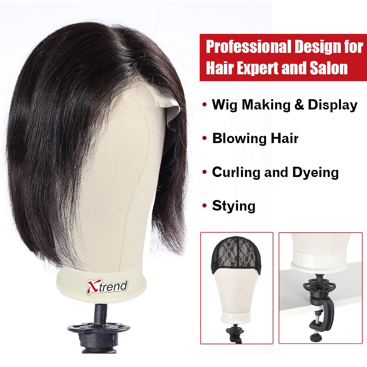 XTREND 21"-24'' Poly Canvas Block Head for Making Head Weft/Wig/Hair Extension Making Display Styling Mannequin Head with Stand Set Manikin Canvas Head Hair Accessories