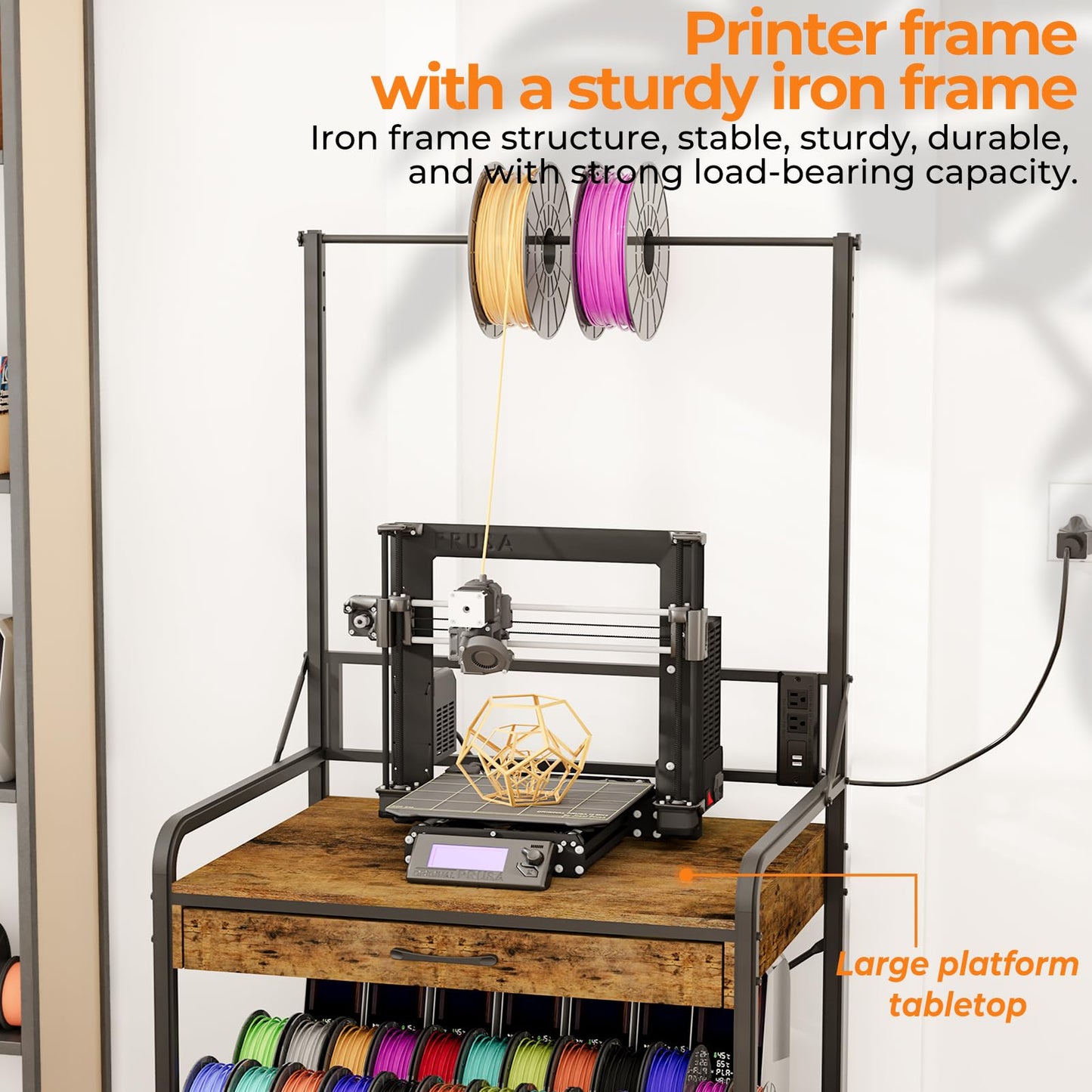 Anrigeail 3D Printer Stand with Power Hub and Top Storage Shelf – Heavy Duty X-Bracket Stability, 3-Tier Storage & Tool Organizer for Workshop and Office