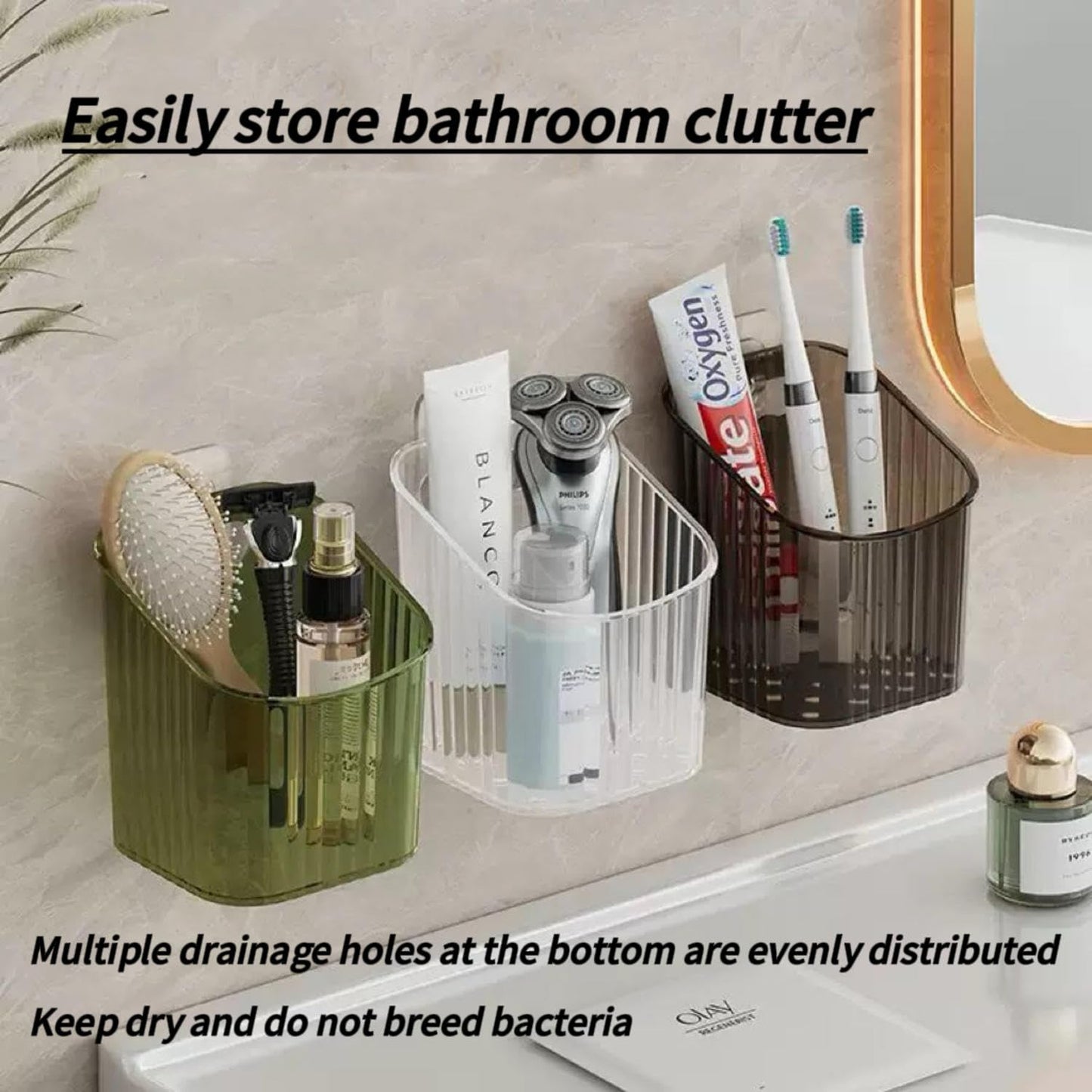 6Pack small Wall Mount Organizer, Adhesive Cabinet Door Storage Bins, Clear Makeup Container, Stackable Organizer Basket for Kitchen, Bathroom, rv, Pantry, Office，Refrigerator Small Items storage