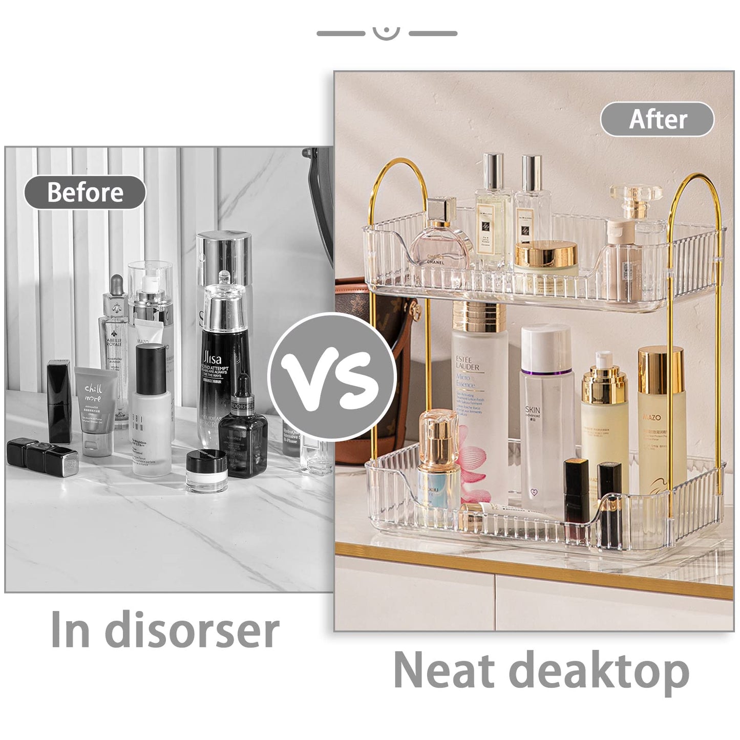 shuang qing 2 Tier Bathroom Counter Organizer Countertop Storage, Cosmetics Skincare Shelf Organizer, Makeup Organizer Perfume for Dresser Vanity Tray, Spice Rack Organizer for Kitchen - Clear