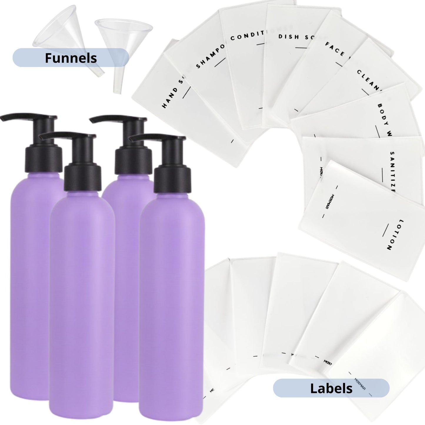 MOXMAR Pack of 4 HDPE Bottles 8.5 fl oz with Black Cream Pump + 2 Funnels & Labels | Refillable Plastic Dispenser Bottles for Lotion and Everyday Use (4, Lavender Bottle + Black Pump, 8.5 fl oz.)