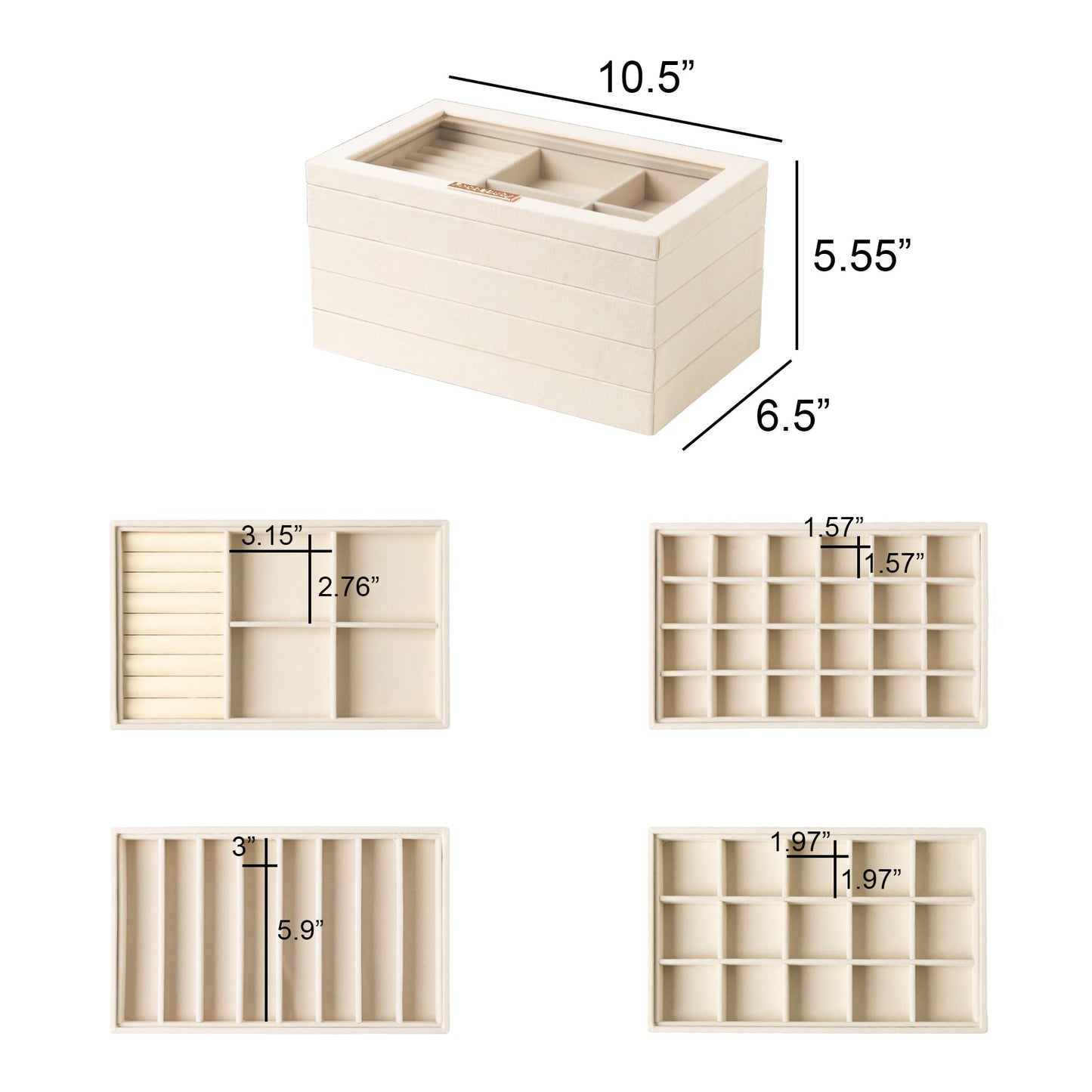 Frebeauty Stackable Jewelry Trays, Velvet Drawer Jewelry Organizer with Glass Lid,5 in 1 Multi-Functional Jewelry Storage for Earrings Necklaces Rings, 10.5 x 6.5 x 5.55 Inches Gift for Women(Beige)