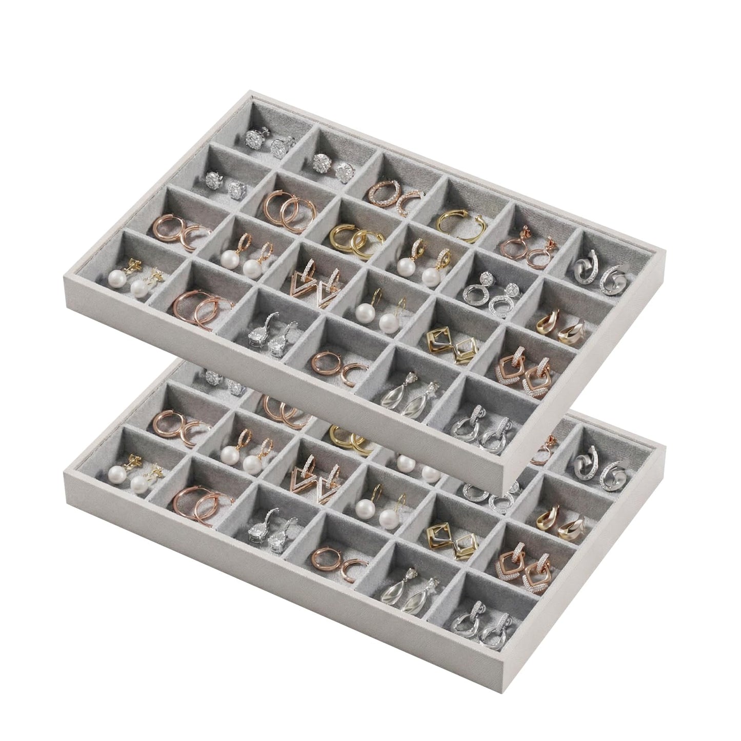 Gghenda 2-Piece Gray leather Stackable Jewelry Organizer Tray Set, Bracelet Ring Earring Holder Box, Necklace Display Stand for Storage and Retail Display (24 Grids)