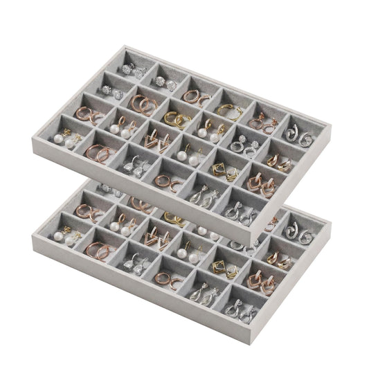 Gghenda 2-Piece Gray leather Stackable Jewelry Organizer Tray Set, Bracelet Ring Earring Holder Box, Necklace Display Stand for Storage and Retail Display (24 Grids)