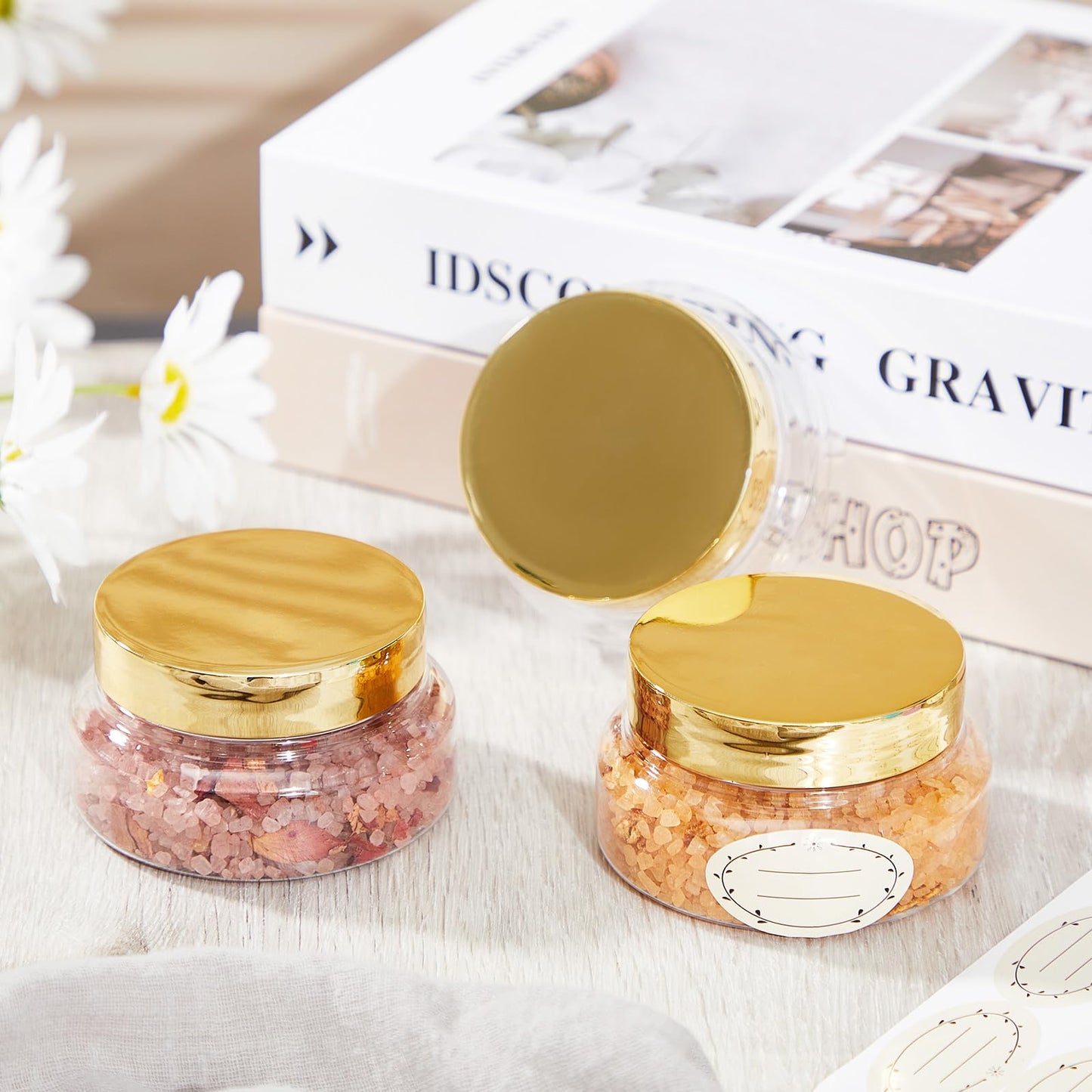 Tessco for you 24 Pack Plastic Jars with Lids Labels Multiuse Slime Containers Empty Body Scrub Jars Round Refillable Cosmetic Body Butter Container for Makeup (5 oz,Gold)
