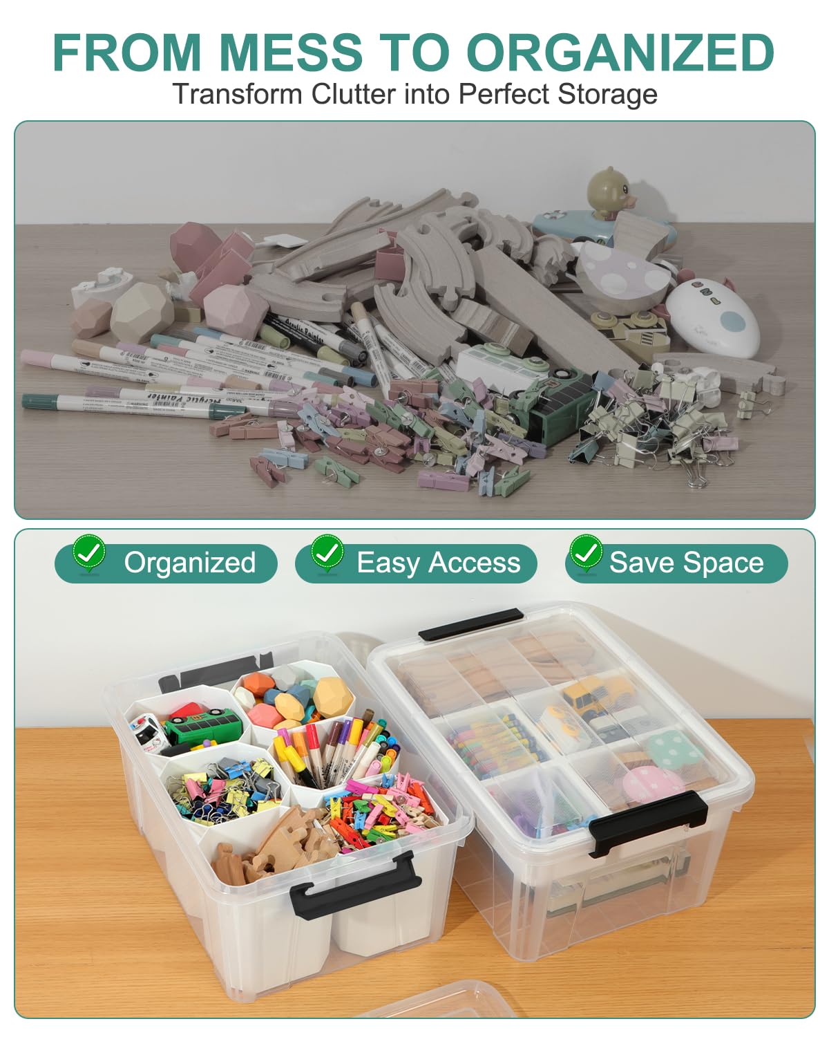 EOENVIVS Clear Storage Tote with 6 Tall Inserts, Stackable craft organizers and storage Box, Plastic Storage Bins with Lids and Handles for Crafts, Jewelry & Sewing, Art Supplies, Markers, Pens
