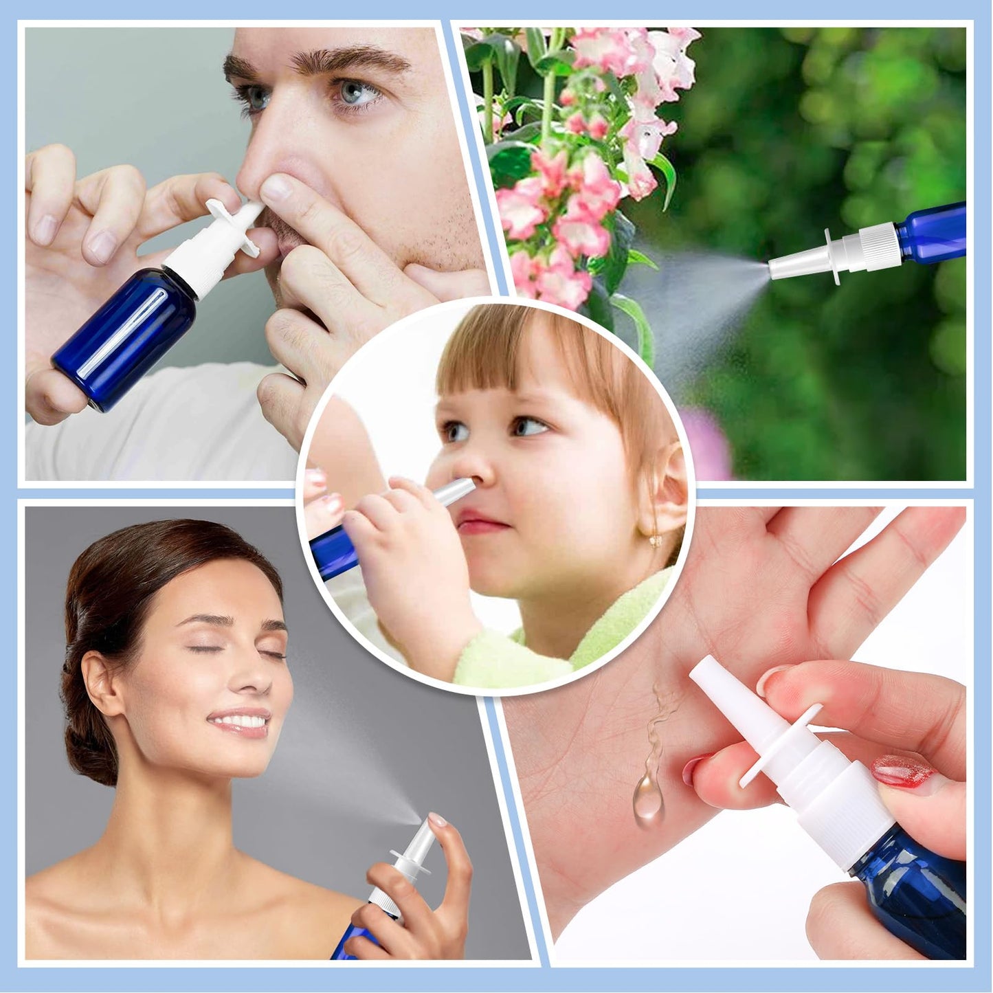 ZHWKMYP 40 Pcs Nasal Spray Bottle, 10ML/0.35OZ 24 Pcs Refillable Glass Blue Nasal Spray Bottles Empty with 8 Funnels and 8 Labels