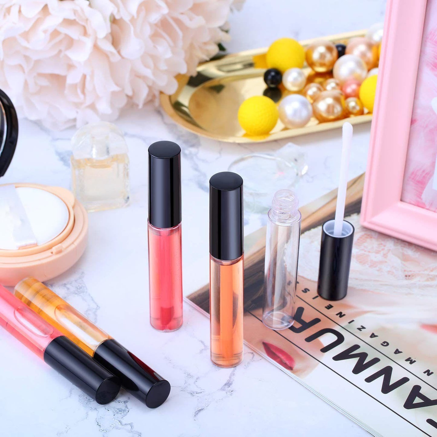 Patelai 50 Pack 10 ml Empty Lip Gloss Tube Containers Clear Refillable Lip Balm Bottles Plastic Lipstick Tubes with Rubber Inserts Cosmetic Tools for Travel, DIY Makeup, Personal Cosmetic(Black)