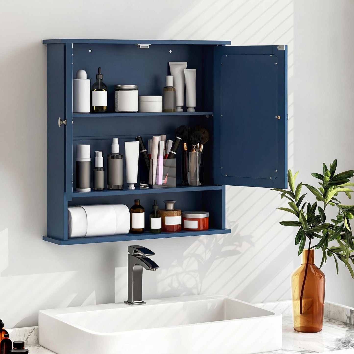 Tangkula Bathroom Medicine Cabinet with Mirror, Wall Mounted Wooden Hanging Organizer with Doors and Shelves, Bathroom Wall Mirror Cabinet (Mirror Doors, Blue)