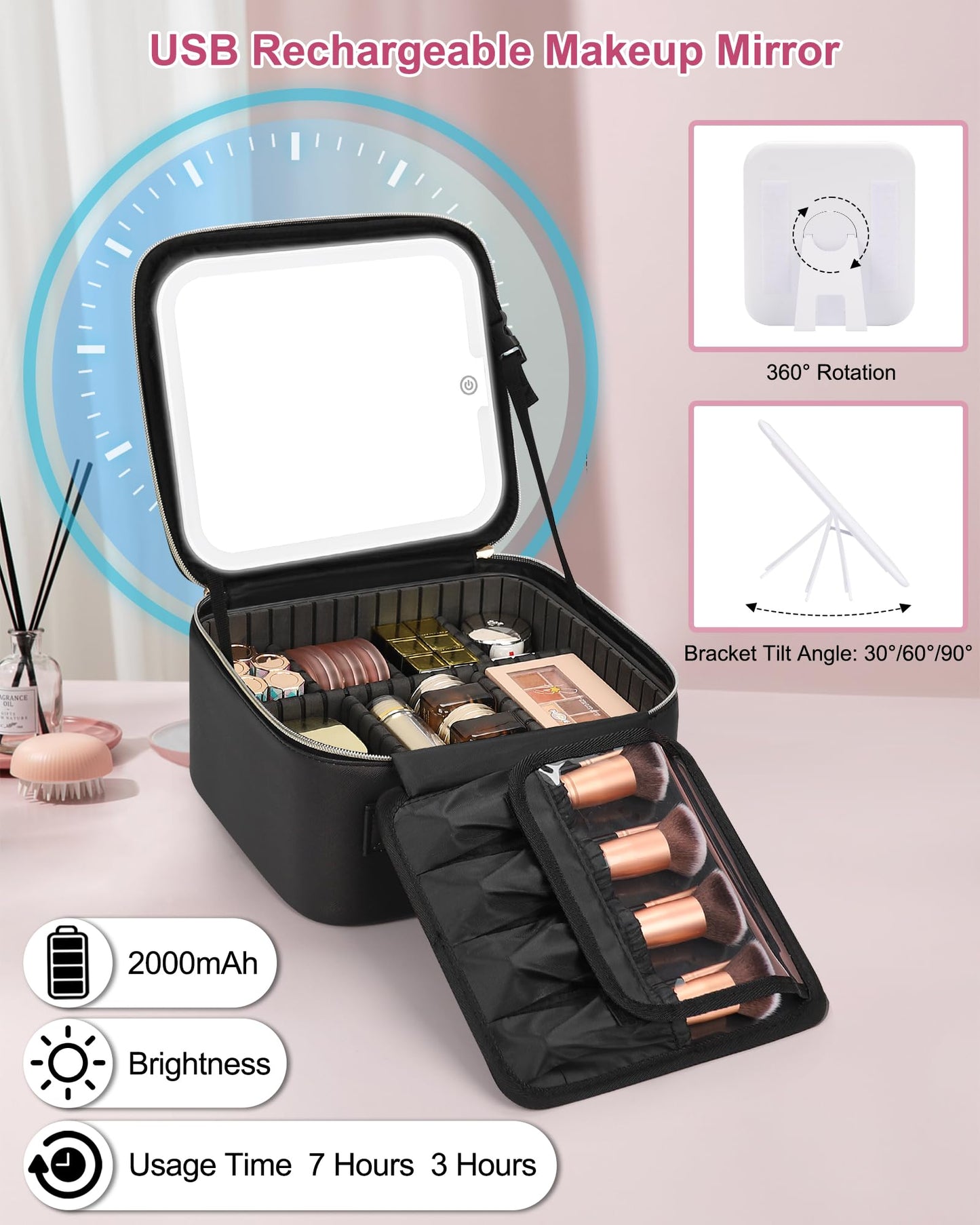 Relavel Initial Makeup Bag with LED Mirror for Women, Personalized Travel Cosmetic Organizer Train Case, Birthday Gifts for Teens Girls Grandkids Graduation Teacher Friends, Trendy Stuff, Black A
