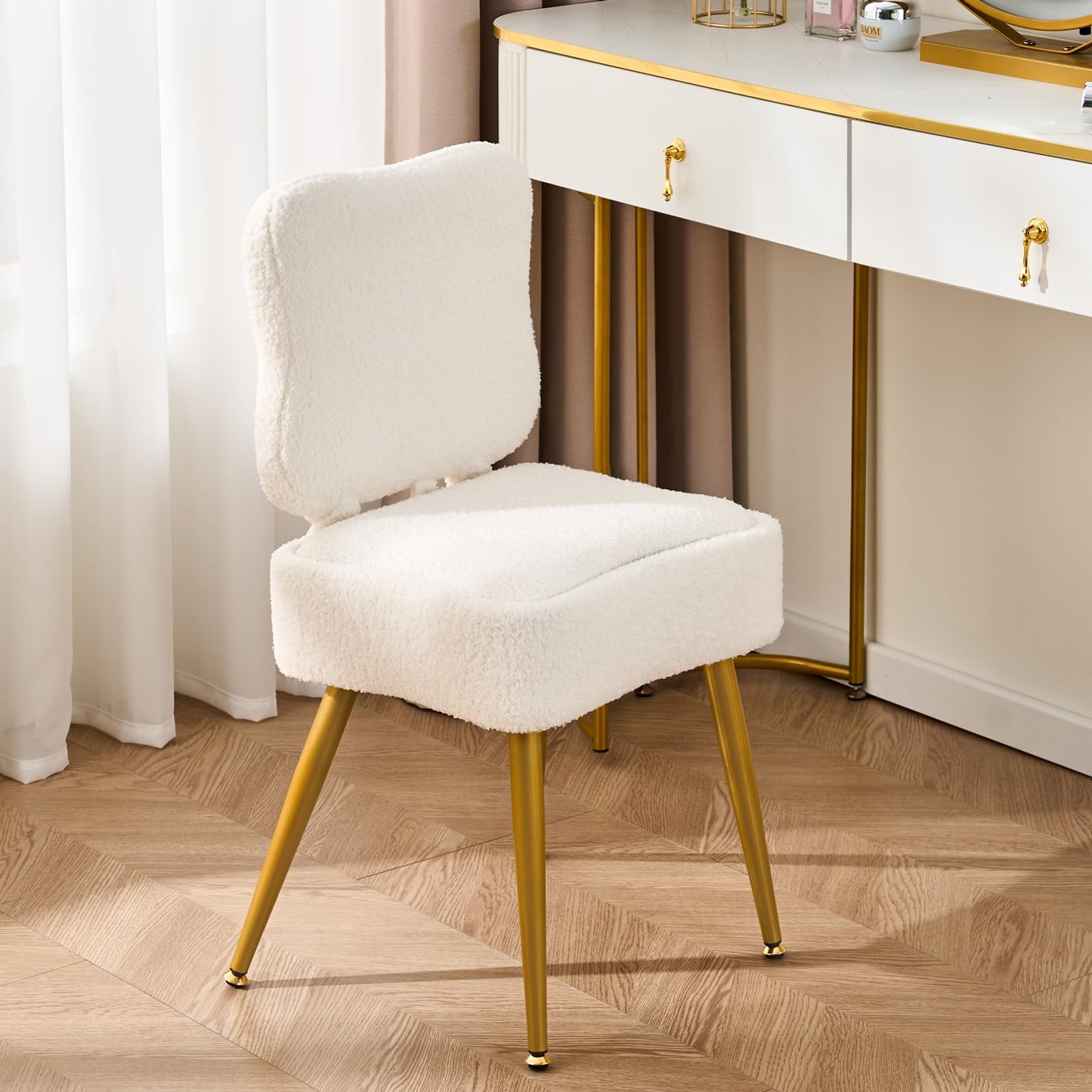 2BYF Small Vanity Chair with Storage & Folding Backrest, White