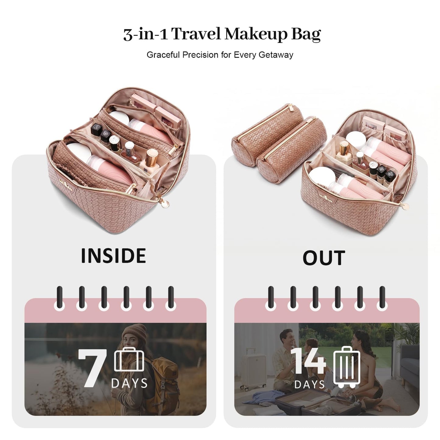 Travel Makeup Bag for Women: Designer 3 Pcs Set Cosmetic Bags for Women - Large Capacity Vagen Leather Hand-made for Toiletry Organizer - Ladies Travel Flat Open Essentials for Luxury (10Brown)