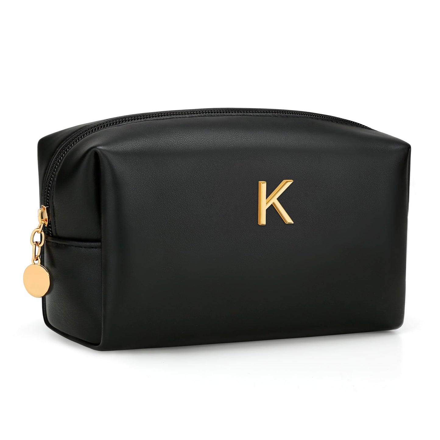 CLOUDWINGS Gifts for Women Bridesmaid Gifts Personalized Initial Makeup Bag PU Leather Cosmetic Waterproof Travel Toiletry Bag (Black K)