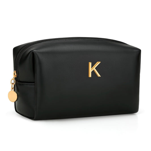 CLOUDWINGS Gifts for Women Bridesmaid Gifts Personalized Initial Makeup Bag PU Leather Cosmetic Waterproof Travel Toiletry Bag (Black K)