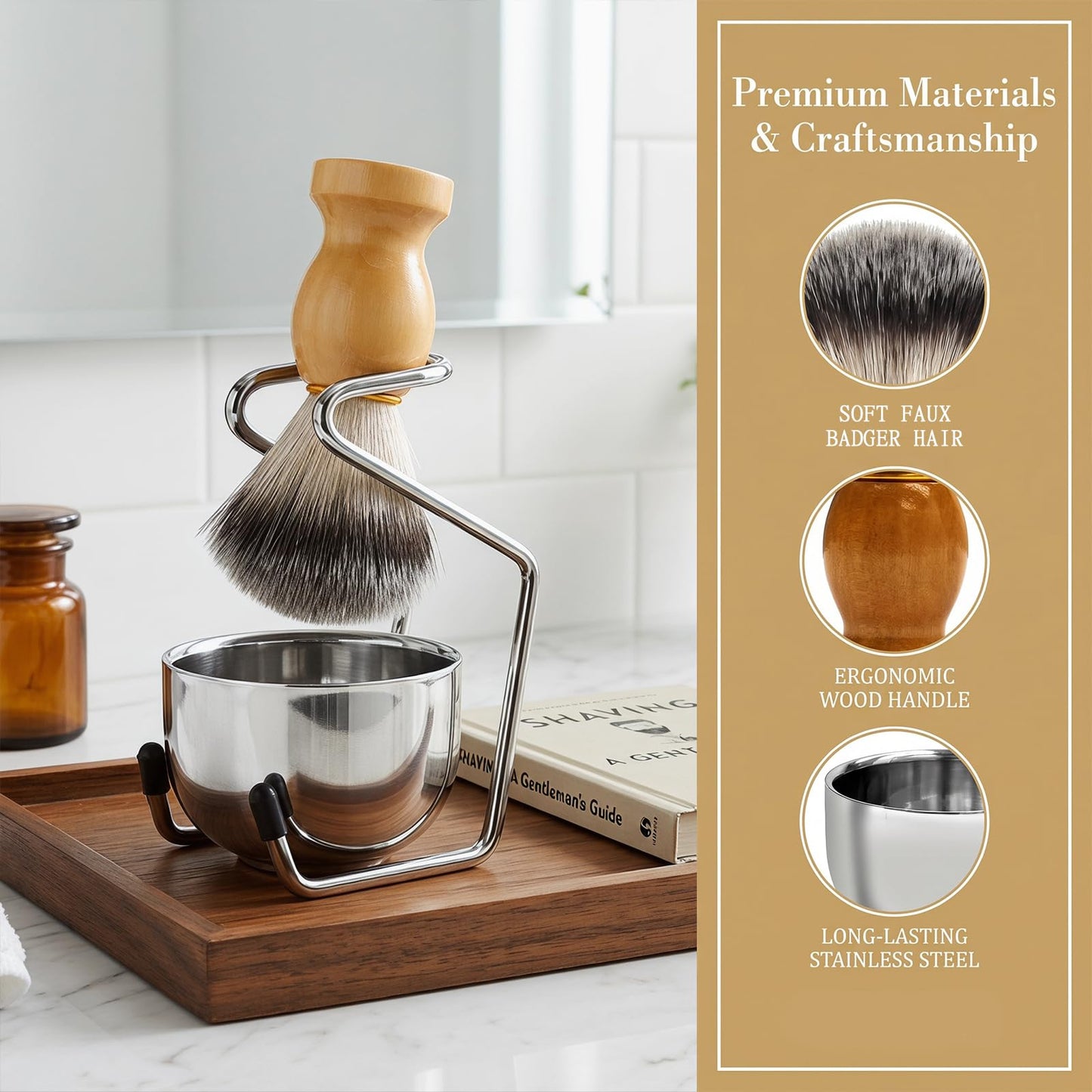Shave Brush and Bowl, Premium Badger Hair Shaving Brush Set with Stainless Steel Shaving Bowl, Exfoliating Shaving Cream Brush for Men’s Wet Shave