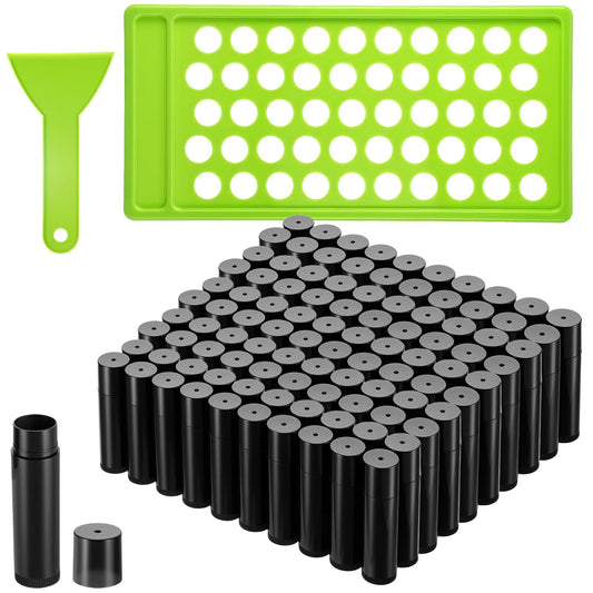 Kenaeooe 100 Pack 5ml Black and Green Lip Balm Containers with Filling Tray and Spatula Empty Chapstick Tubes Diy Kit for Homemade Lip Balm and Lipstick