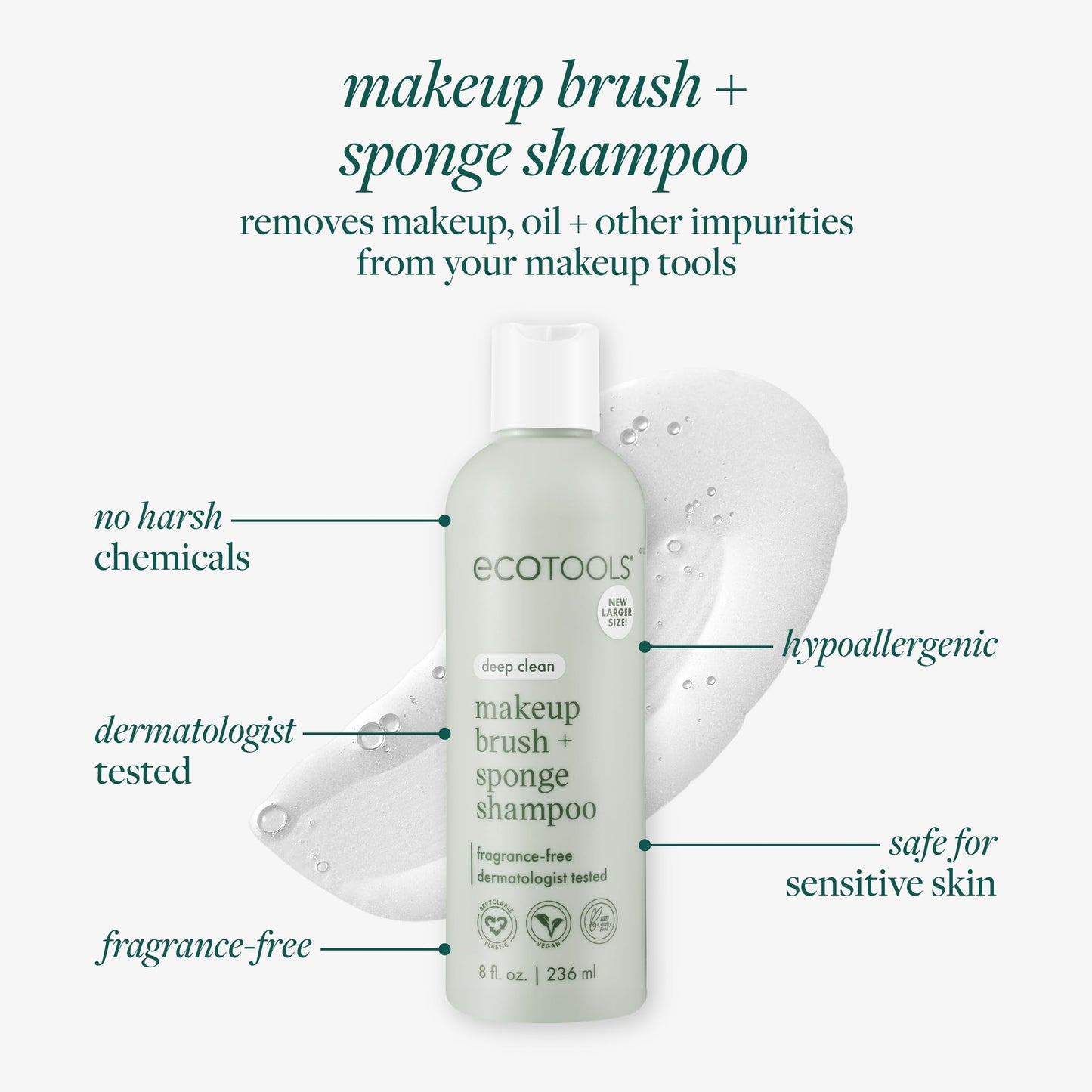 EcoTools XL Makeup Brush + Sponge Shampoo, Remove Makeup & Impurities From Tools, Sponges, & Puffs, Fragrance-Free Brush Cleanser, No Harsh Chemicals, Vegan, & Cruelty-Free, 16 fl. oz./473 ml Bottle