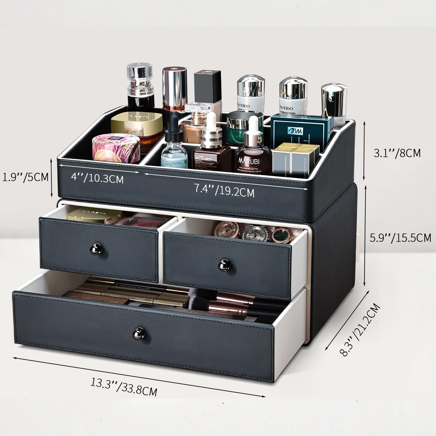 KINGFOM 2 Tier PU Leather Makeup Organizer with 3 Drawers, Cosmetic Storage Organizers for vanity Dresser Countertop and Bathroom Vanity, Beauty Holder for Lipstick Brush Skincare (Black)