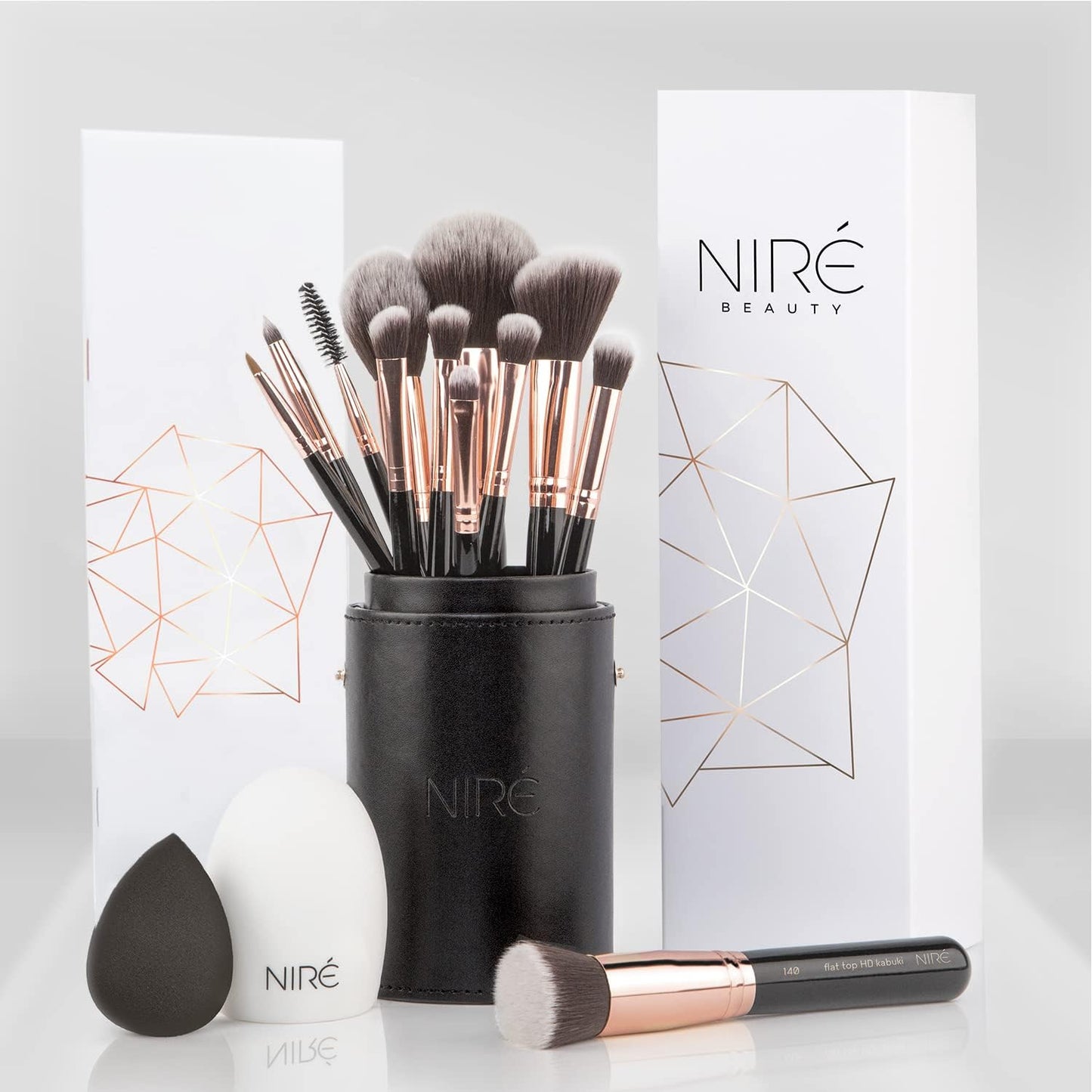 Niré Beauty 15 Piece Award Winning Black & Rose Gold Makeup Brush Set: Vegan Professional Makeup Brushes for Women with Holder Case, Sponge, Cleaner & Guide, Complete Face & Eye Kit, Gift Box