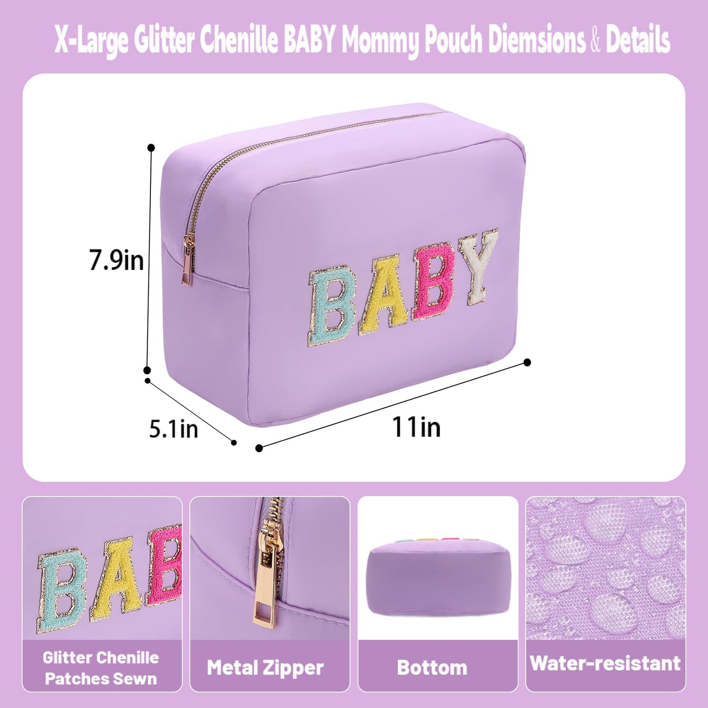 YogoRun Large Toiletry Bag Glitter Chenille Make Up Bag for Traveling Makeup Travel Organizer for Women Nylon Cosmetic Pouch with Zipper Pocket (XL,Purple-Baby)