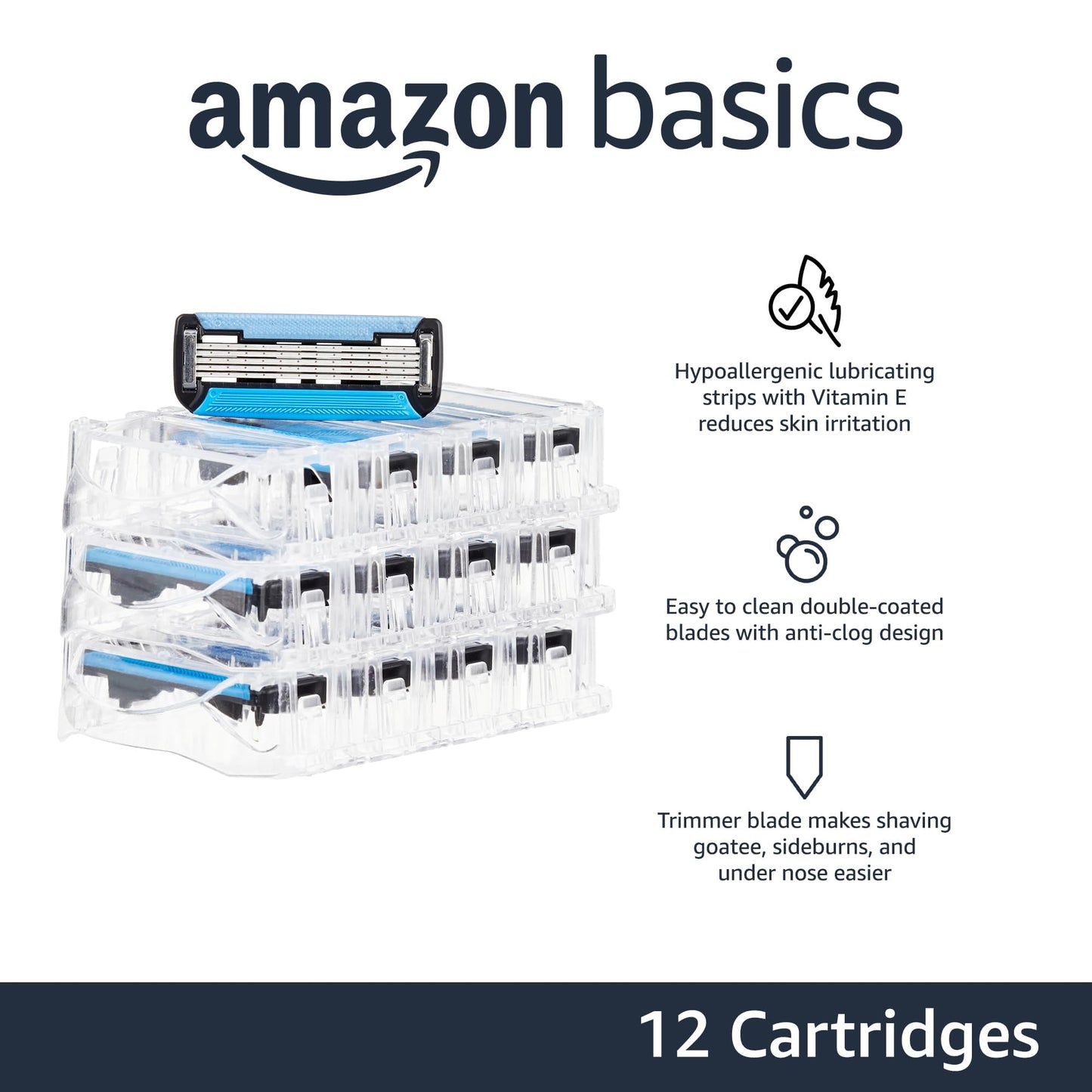 Amazon Basics 5-Blade Razor Refills for Men with Dual Lubrication, Hypoallergenic, Clean Shave, Precision Beard Trimmer, 12-Pack (Fits Amazon Basics Razor Handles only)
