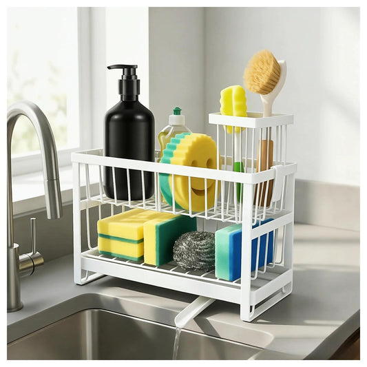 ARKFUSION 2-Tier Sponge Holder for Kitchen Sink, Self-Drain Caddy with Brush Holder, Countertop Organizer for Sponges, Brushes, and Dish Rags（White）