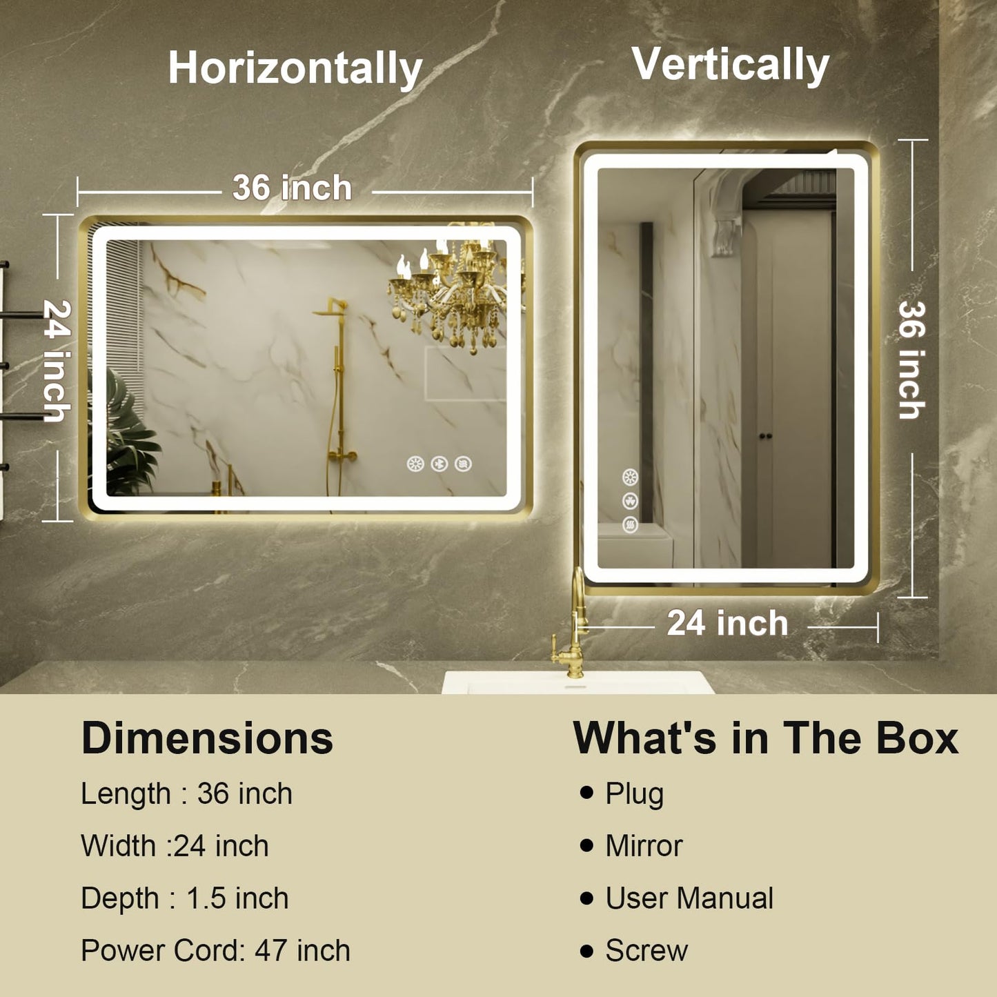 24''x36'' Gold Framed LED Bathroom Mirror with Lights, Built-in Bluetooth Speaker, Dimmable Lighted Bathroom Vanity Mirror with 3 Colors, Backlit + Frontlit, Memory Function, Anti-Fog