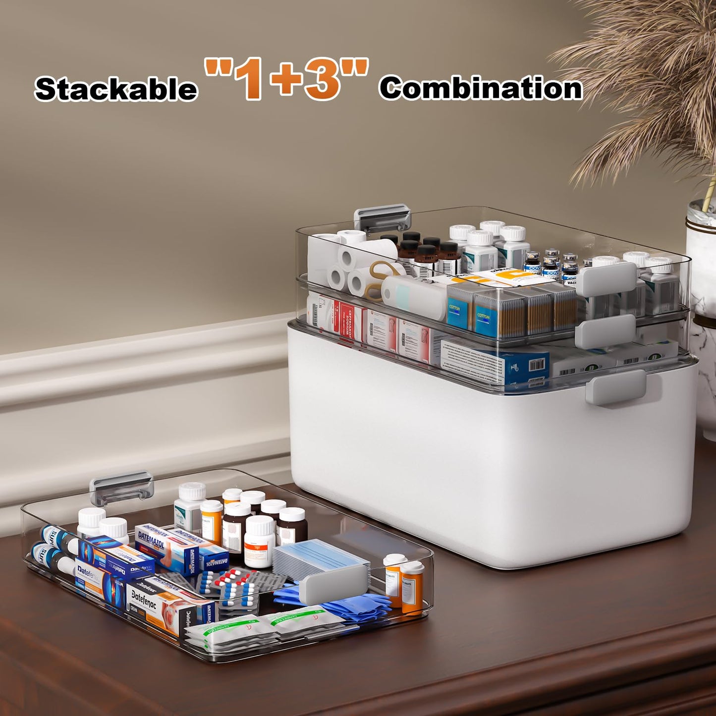 MOPUP 4-Tier Medicine Craft,Sewing,Art,Organizer Storage,Portable Latch Bin with Lid and Leather Handle,Pill Bottle, First Aid,Multipurpose Organizer with Removable Tray,A Household Essential
