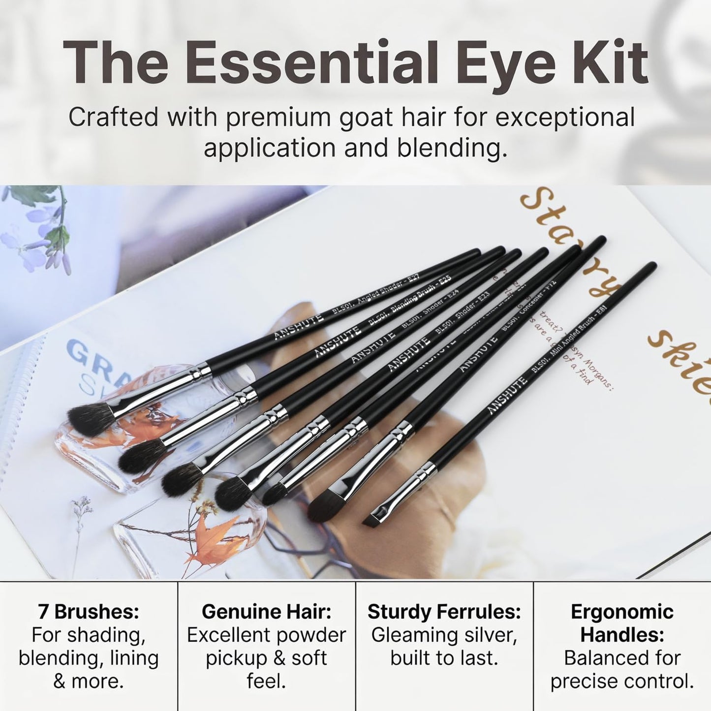 Anshute 7-Piece Natural Goat Hair Professional Eye Brush Set, Small size Bristles, Eyeshadow, Eyeliner, Concealer, Precise Makeup Application, Super Soft Bristles, Semi-matte Black Wood Handle