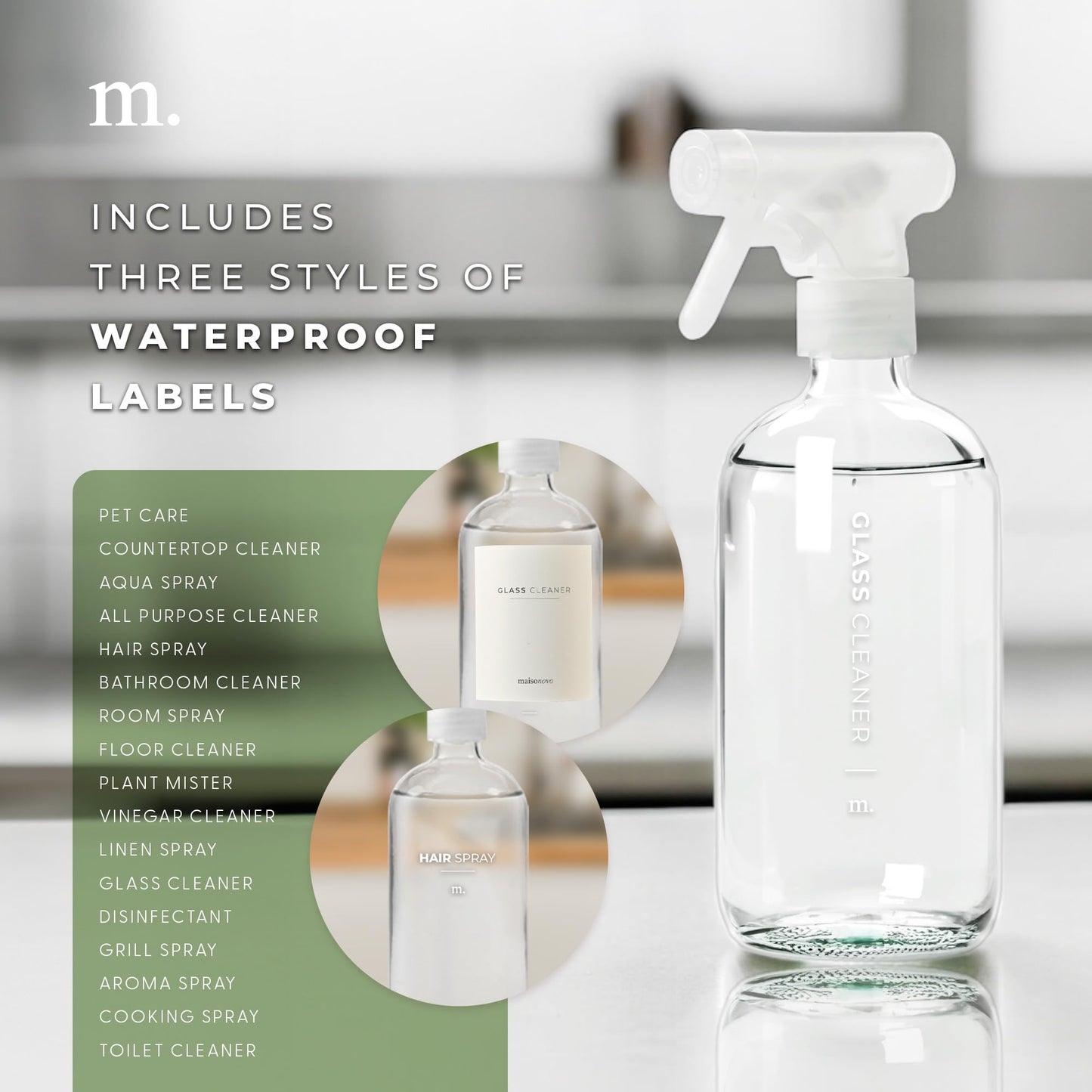 MaisoNovo Glass Spray Bottles 16 Oz Pack of 2 - Clear Spray Bottles for Cleaning Solutions with Fortified Glass & Fine Mist - Ideal for Cleaning, Disinfecting, Home, Office & Commercial Use - 16 Label