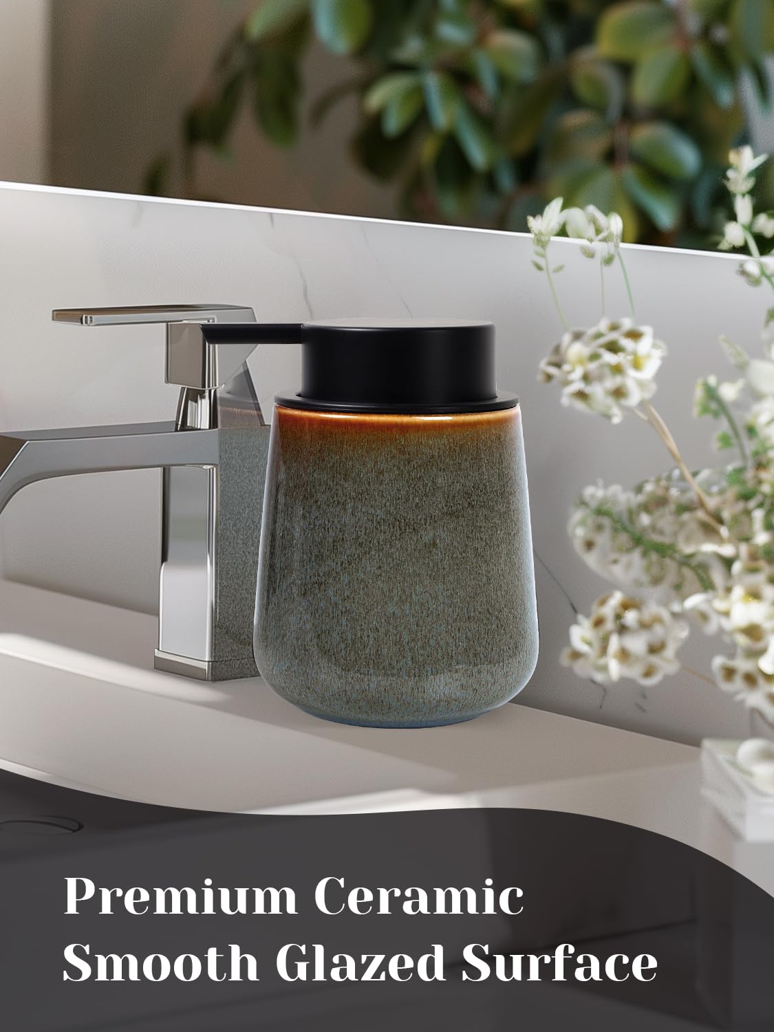 INGOFIN Ceramic Lotion Dispenser - 12 oz Refillable Hand Soap Dispenser Bathroom, Modern Liquid Dispenser with Pump, Dish Soap Dispenser for Kitchen,Kiln-Glazed Green