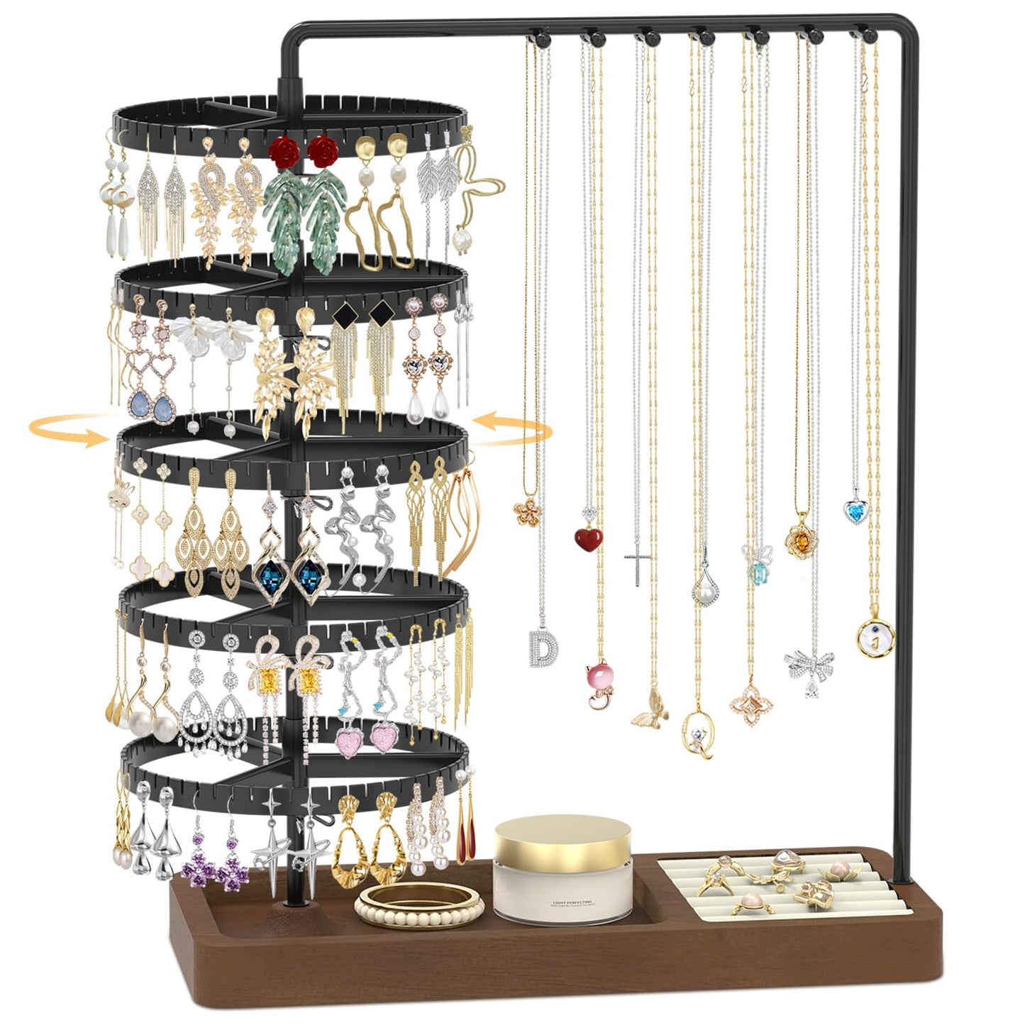 EsLuker.ly Earring Holder Organizer Necklace Display Stand, Jewelry Tree Rack Storage with Wooden Ring Tray for Women Vendors Selling, 5 Tier Plastic Rotating Earring Tower, Prevent Tangling and Mess