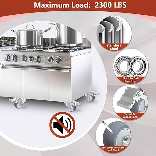4 Inch Stainless Steel Caster Wheels with Brake, Heavy Duty 304 Casters Set of 4, Non-Marking TPR Quiet Wheels, 2300 lbs, Swivel for Furniture, Labs, Kitchens,Industrial with Hardware Kits